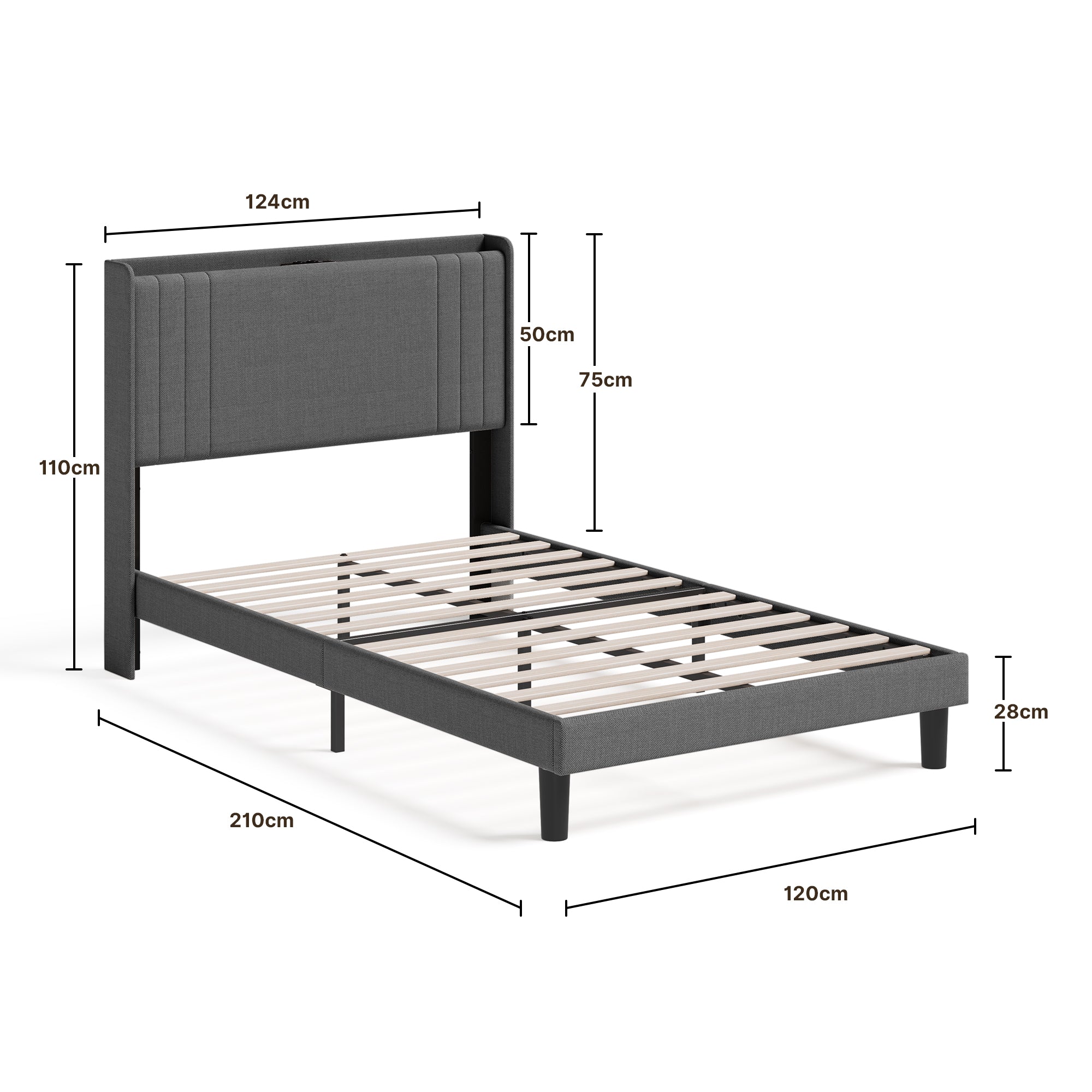 Lit simple rembourré Bealife BF28 120x200 cm, cadre de lit en métal avec éclairage LED, étagère de tête de lit et station de recharge intégrée