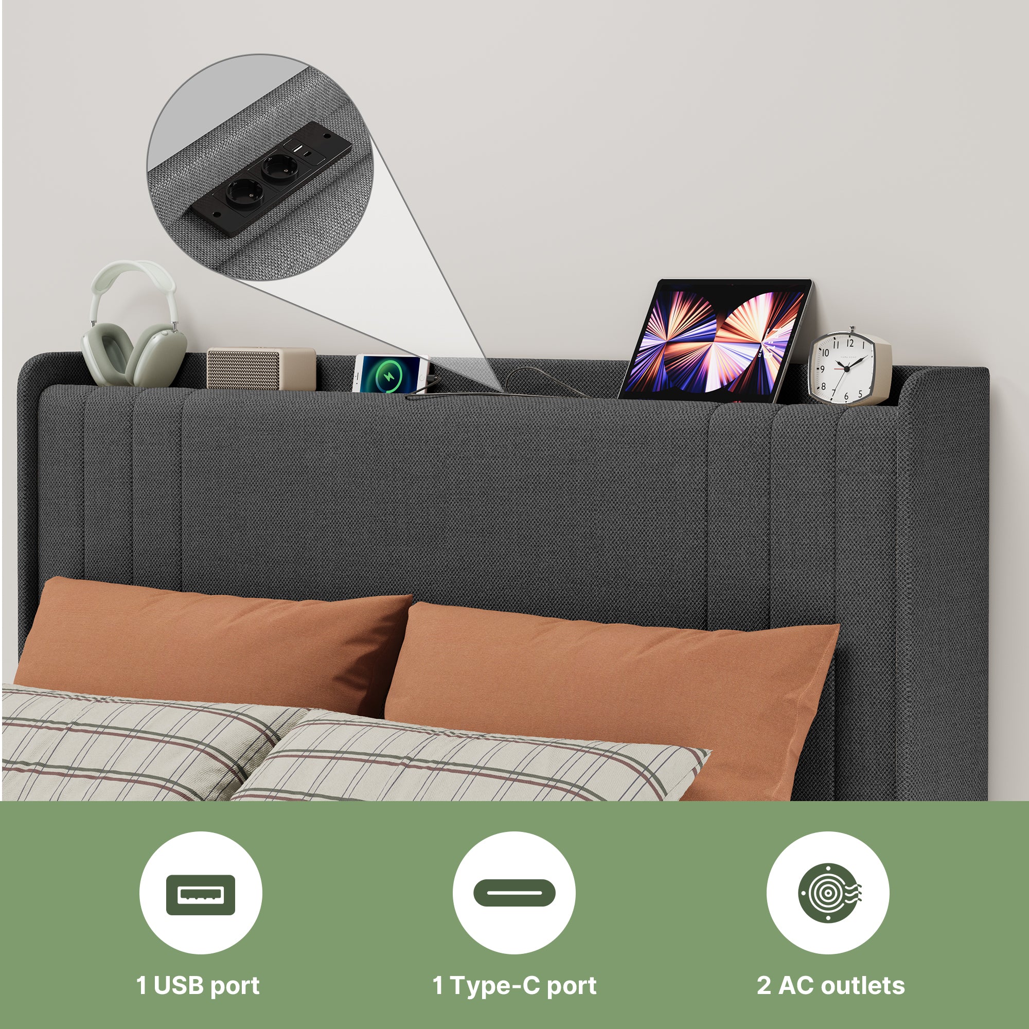 Lit simple rembourré Bealife BF28 120x200 cm, cadre de lit en métal avec éclairage LED, étagère de tête de lit et station de recharge intégrée