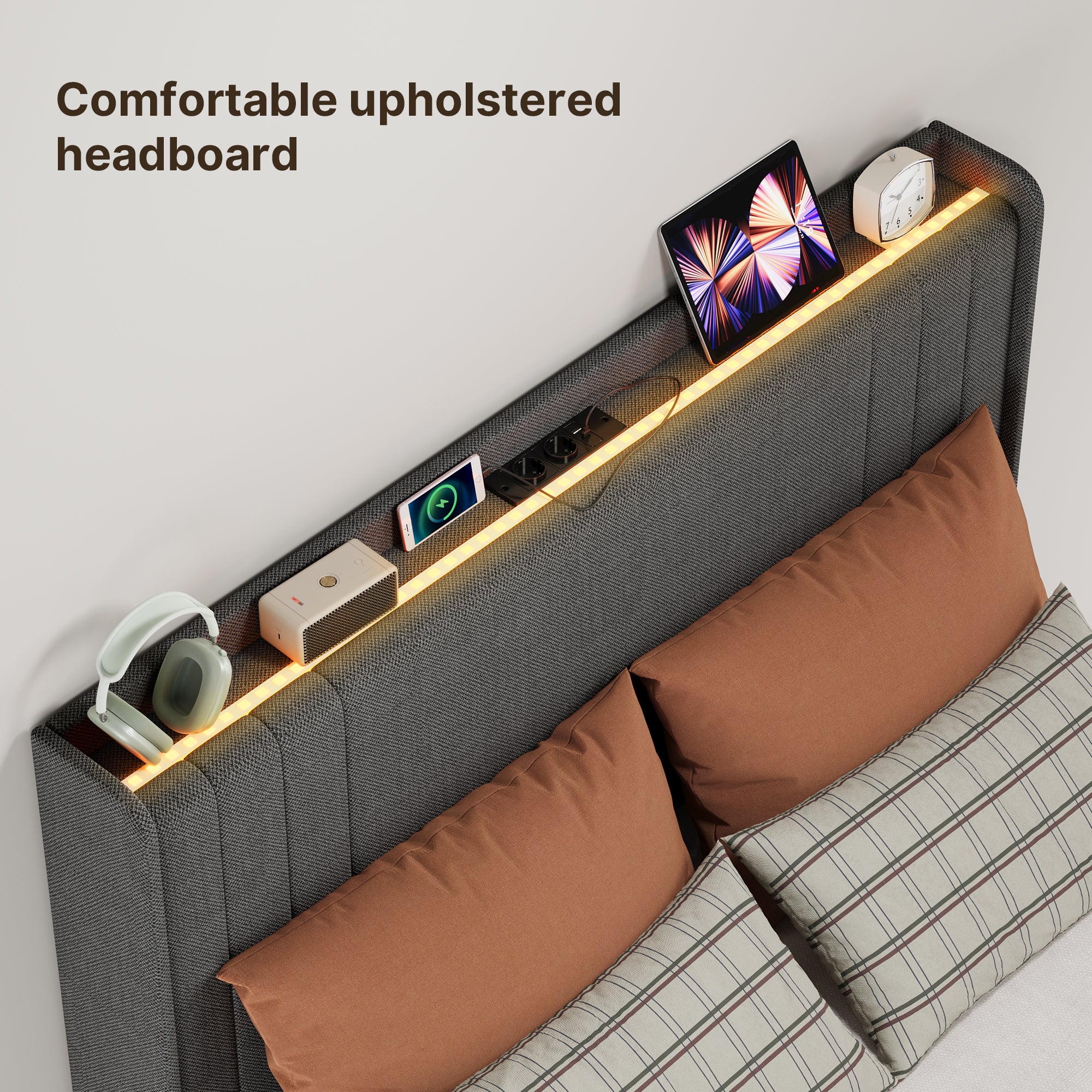 Lit simple rembourré Bealife BF28 120x200 cm, cadre de lit en métal avec éclairage LED, étagère de tête de lit et station de recharge intégrée