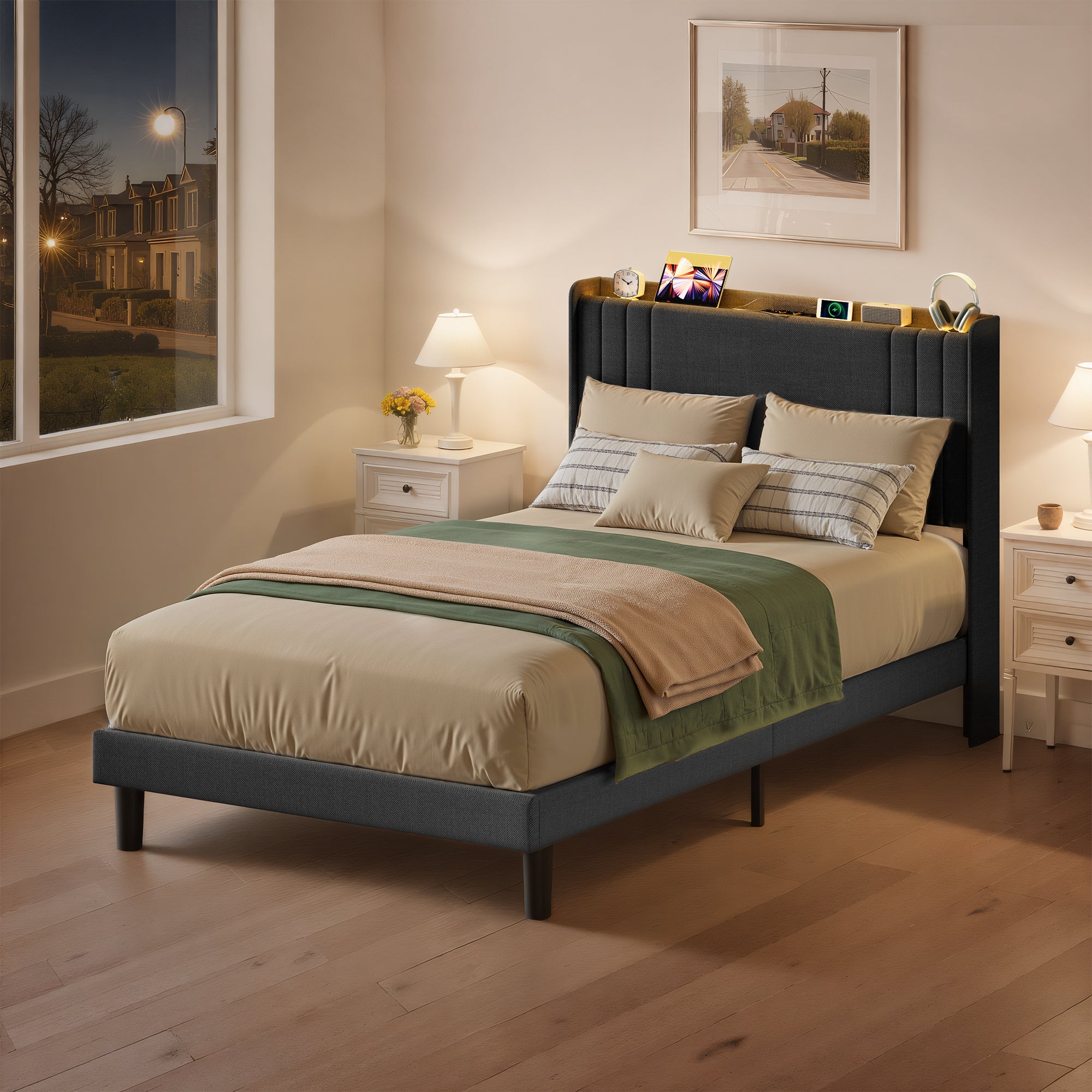 Lit simple rembourré Bealife BF28 120x200 cm, cadre de lit en métal avec éclairage LED, étagère de tête de lit et station de recharge intégrée