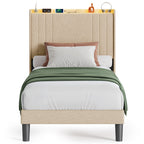 Bealife BF28 Lit simple rembourré 90x200 cm, sommier métallique avec éclairage LED, tête de lit avec rangement et station de charge intégrée