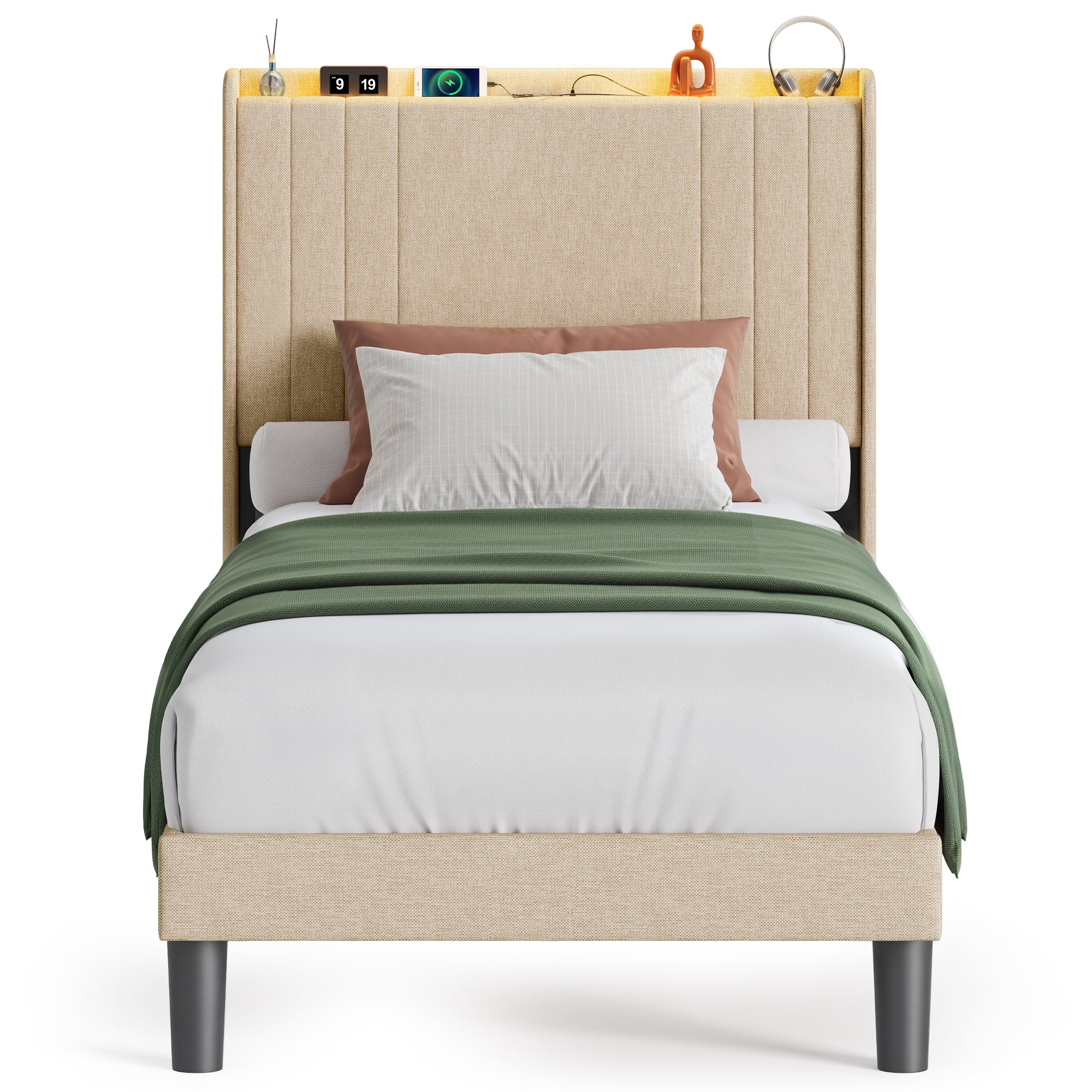 Bealife BF28 Lit simple rembourré 90x200 cm, sommier métallique avec éclairage LED, tête de lit avec rangement et station de charge intégrée