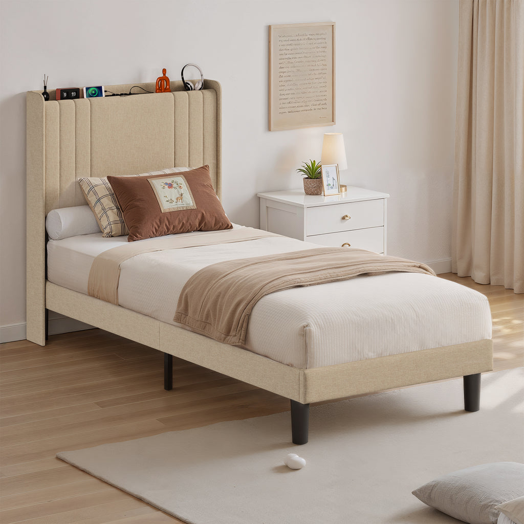 Bealife BF28 Lit simple rembourré 90x200 cm, sommier métallique avec éclairage LED, tête de lit avec rangement et station de charge intégrée