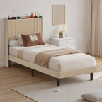 Bealife BF28 Lit simple rembourré 90x200 cm, sommier métallique avec éclairage LED, tête de lit avec rangement et station de charge intégrée