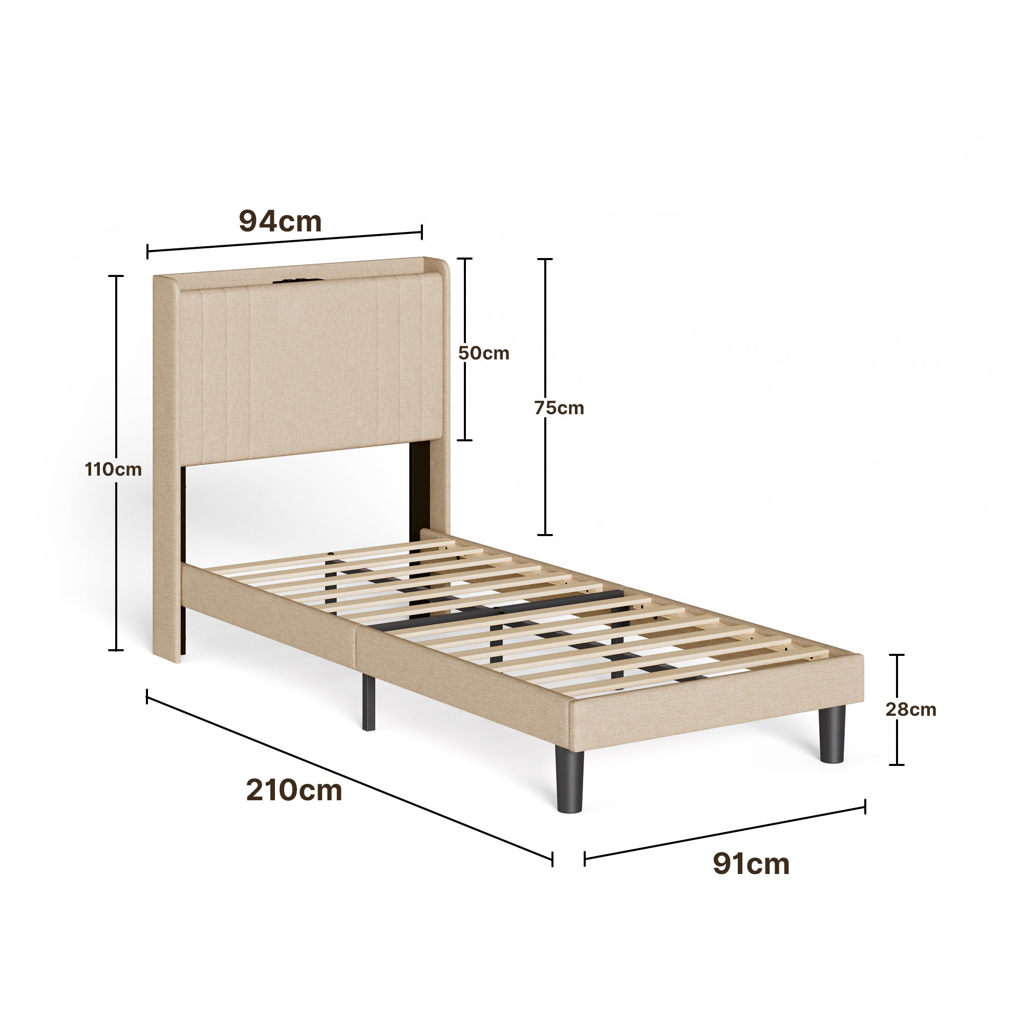 Bealife BF28 Lit simple rembourré 90x200 cm, sommier métallique avec éclairage LED, tête de lit avec rangement et station de charge intégrée