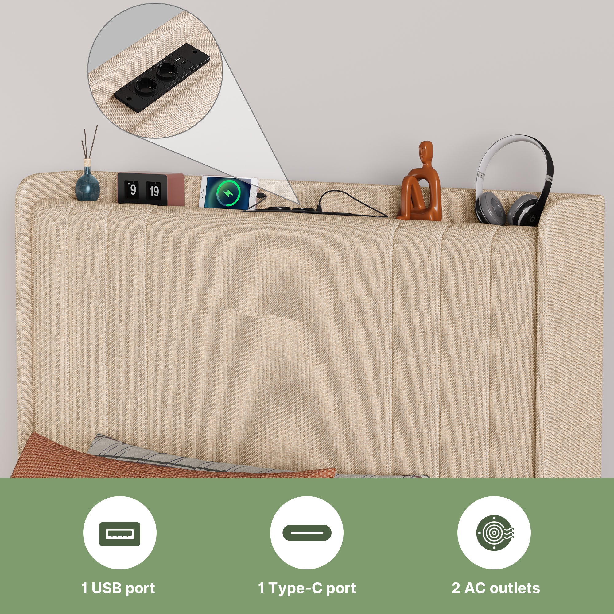 Bealife BF28 Lit simple rembourré 90x200 cm, sommier métallique avec éclairage LED, tête de lit avec rangement et station de charge intégrée