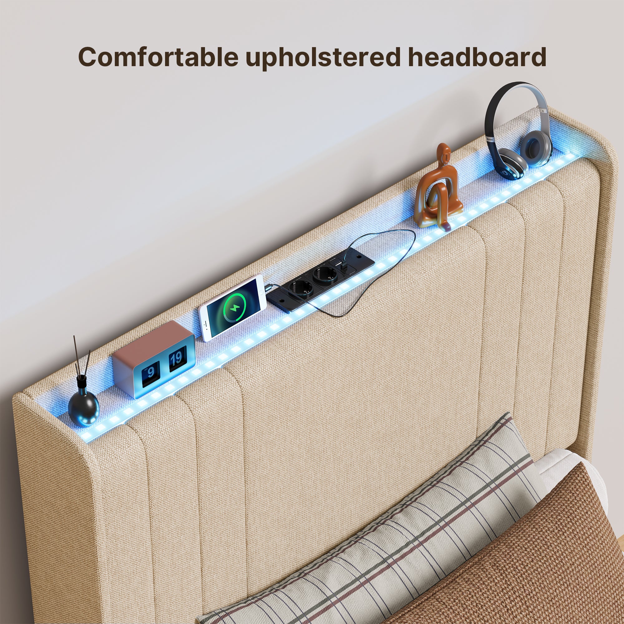 Bealife BF28 Lit simple rembourré 90x200 cm, sommier métallique avec éclairage LED, tête de lit avec rangement et station de charge intégrée