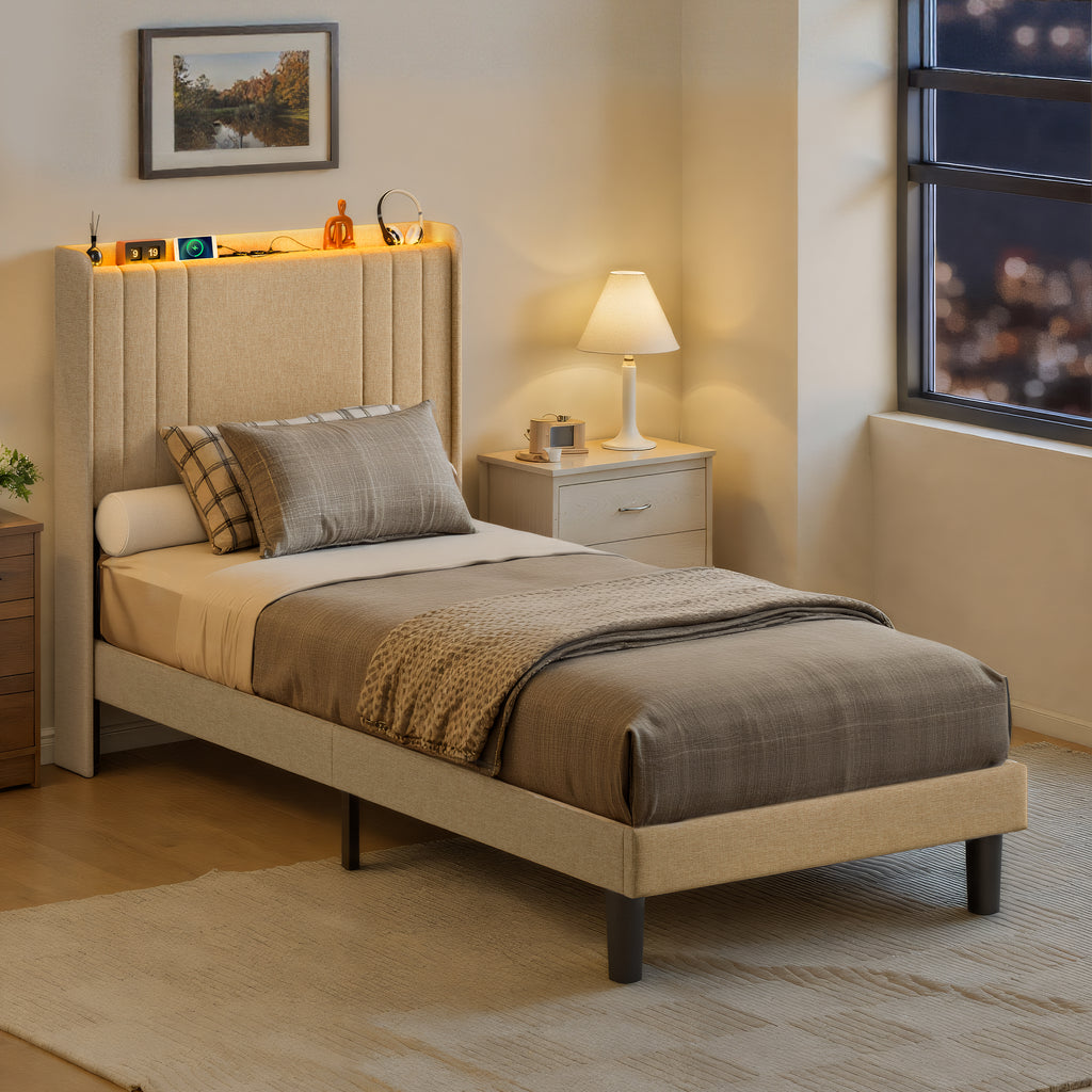 Bealife BF28 Lit simple rembourré 90x200 cm, sommier métallique avec éclairage LED, tête de lit avec rangement et station de charge intégrée