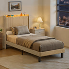 Bealife BF28 Lit simple rembourré 90x200 cm, sommier métallique avec éclairage LED, tête de lit avec rangement et station de charge intégrée