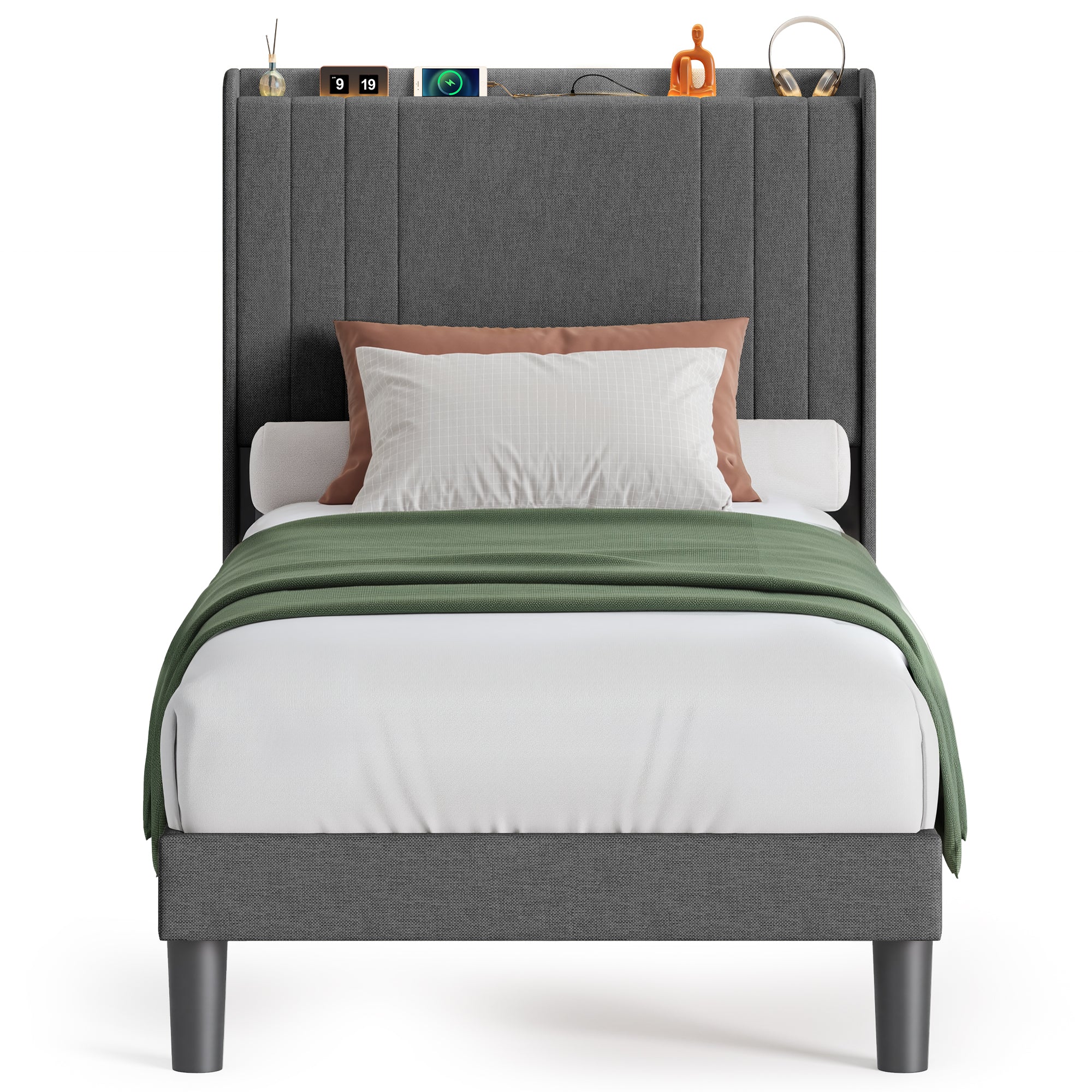 Bealife BF28 Lit simple rembourré 90x200 cm, sommier métallique avec éclairage LED, tête de lit avec rangement et station de charge intégrée