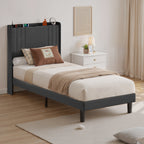 Bealife BF28 Lit simple rembourré 90x200 cm, sommier métallique avec éclairage LED, tête de lit avec rangement et station de charge intégrée