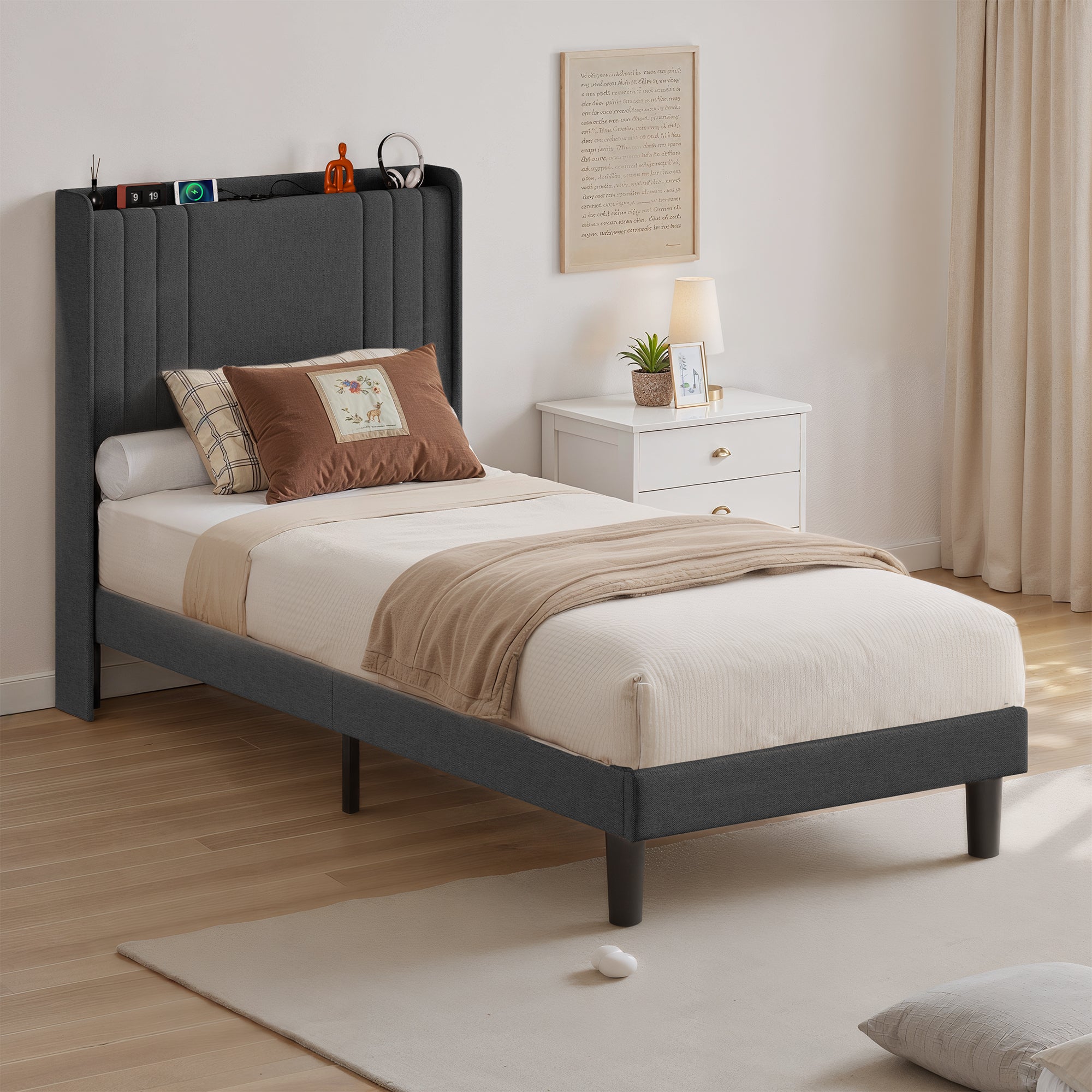 Bealife BF28 Lit simple rembourré 90x200 cm, sommier métallique avec éclairage LED, tête de lit avec rangement et station de charge intégrée