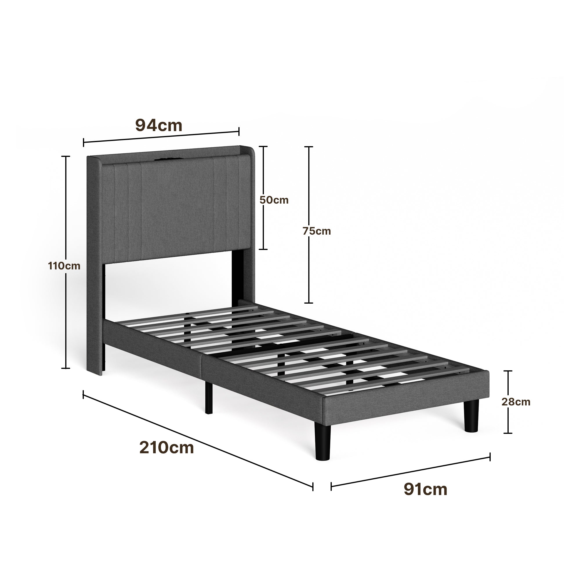 Bealife BF28 Lit simple rembourré 90x200 cm, sommier métallique avec éclairage LED, tête de lit avec rangement et station de charge intégrée