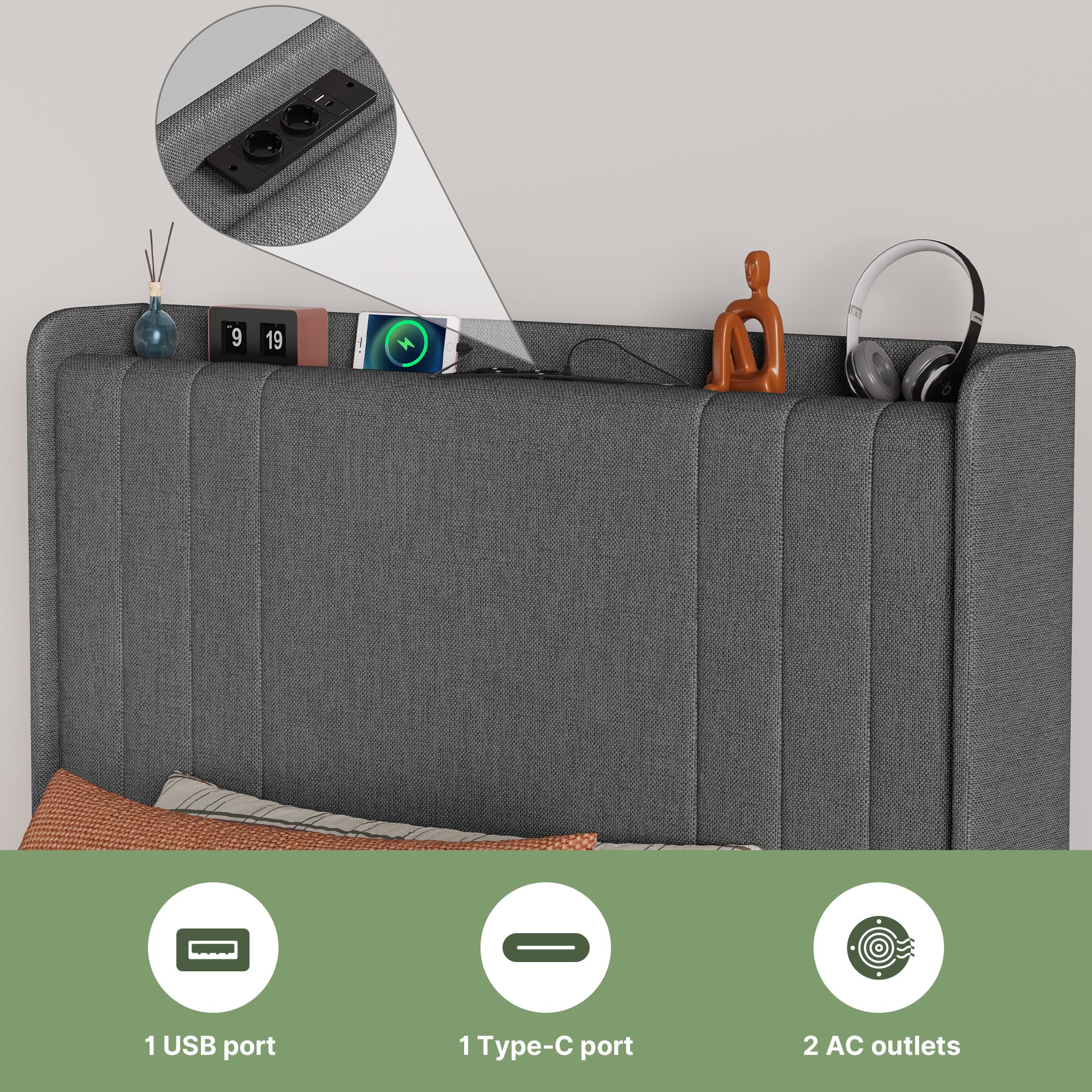 Bealife BF28 Lit simple rembourré 90x200 cm, sommier métallique avec éclairage LED, tête de lit avec rangement et station de charge intégrée