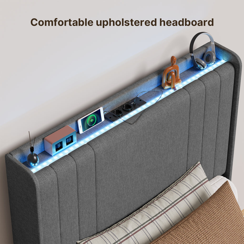 Bealife BF28 Lit simple rembourré 90x200 cm, sommier métallique avec éclairage LED, tête de lit avec rangement et station de charge intégrée