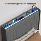 Bealife BF28 Lit simple rembourré 90x200 cm, sommier métallique avec éclairage LED, tête de lit avec rangement et station de charge intégrée