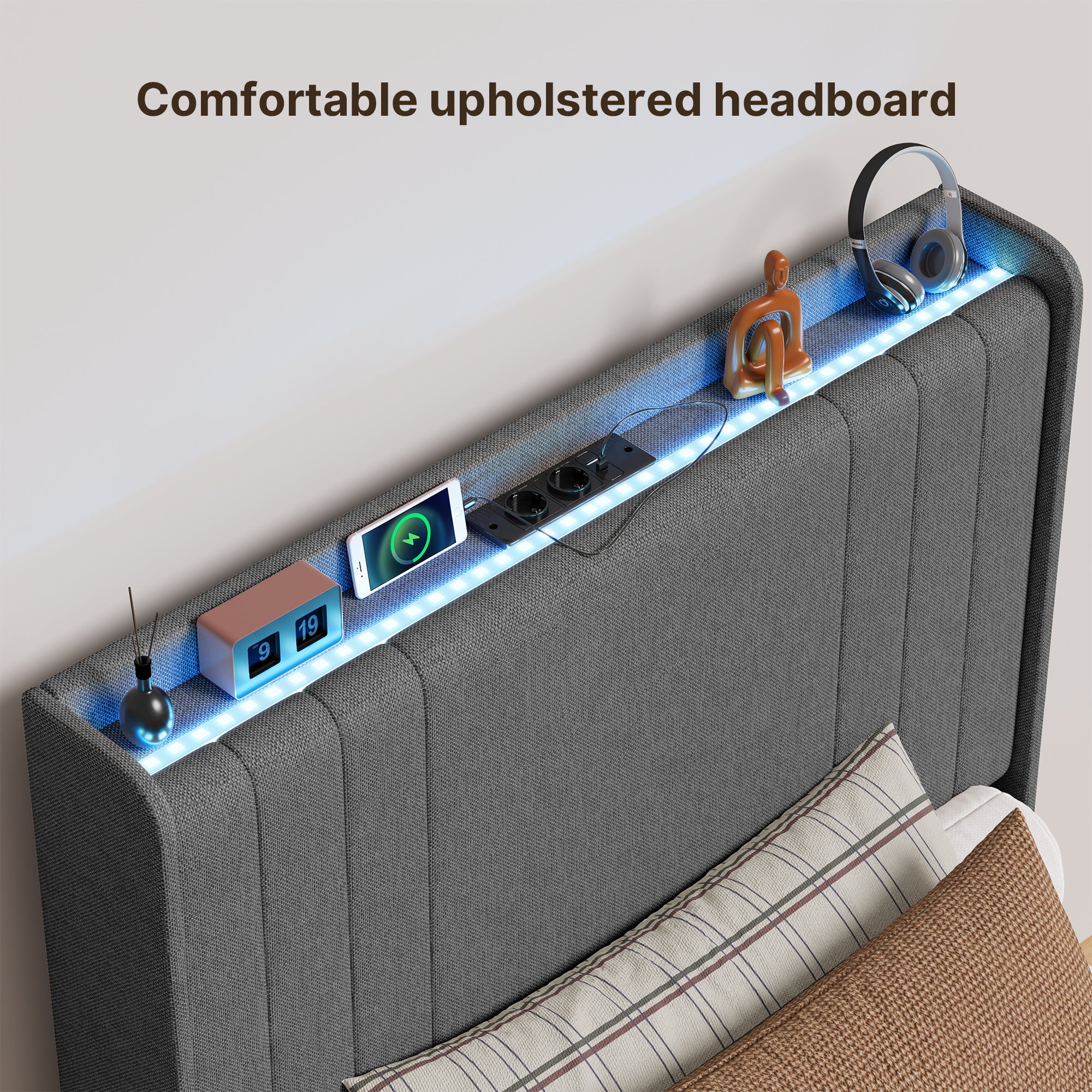 Bealife BF28 Lit simple rembourré 90x200 cm, sommier métallique avec éclairage LED, tête de lit avec rangement et station de charge intégrée