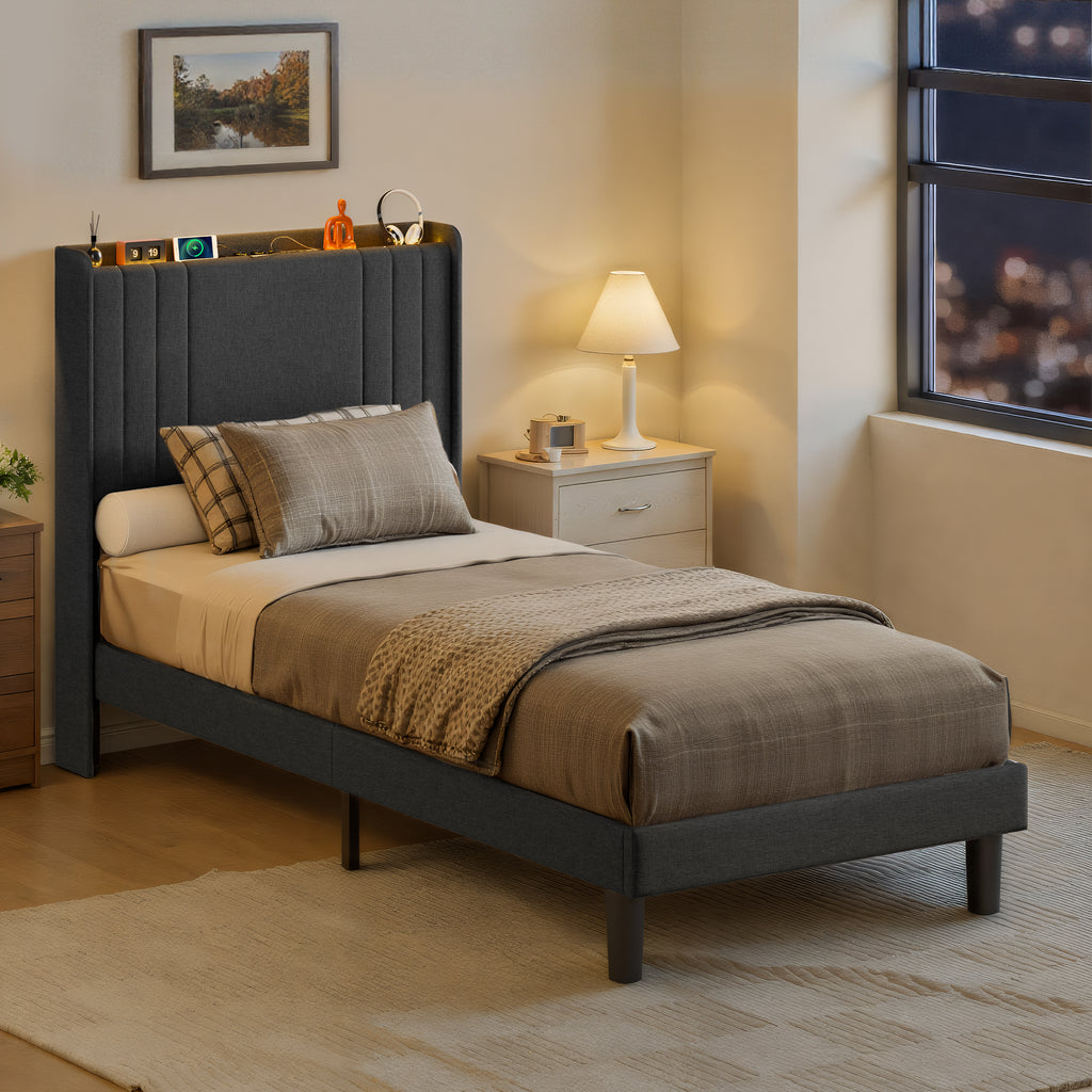 Bealife BF28 Lit simple rembourré 90x200 cm, sommier métallique avec éclairage LED, tête de lit avec rangement et station de charge intégrée