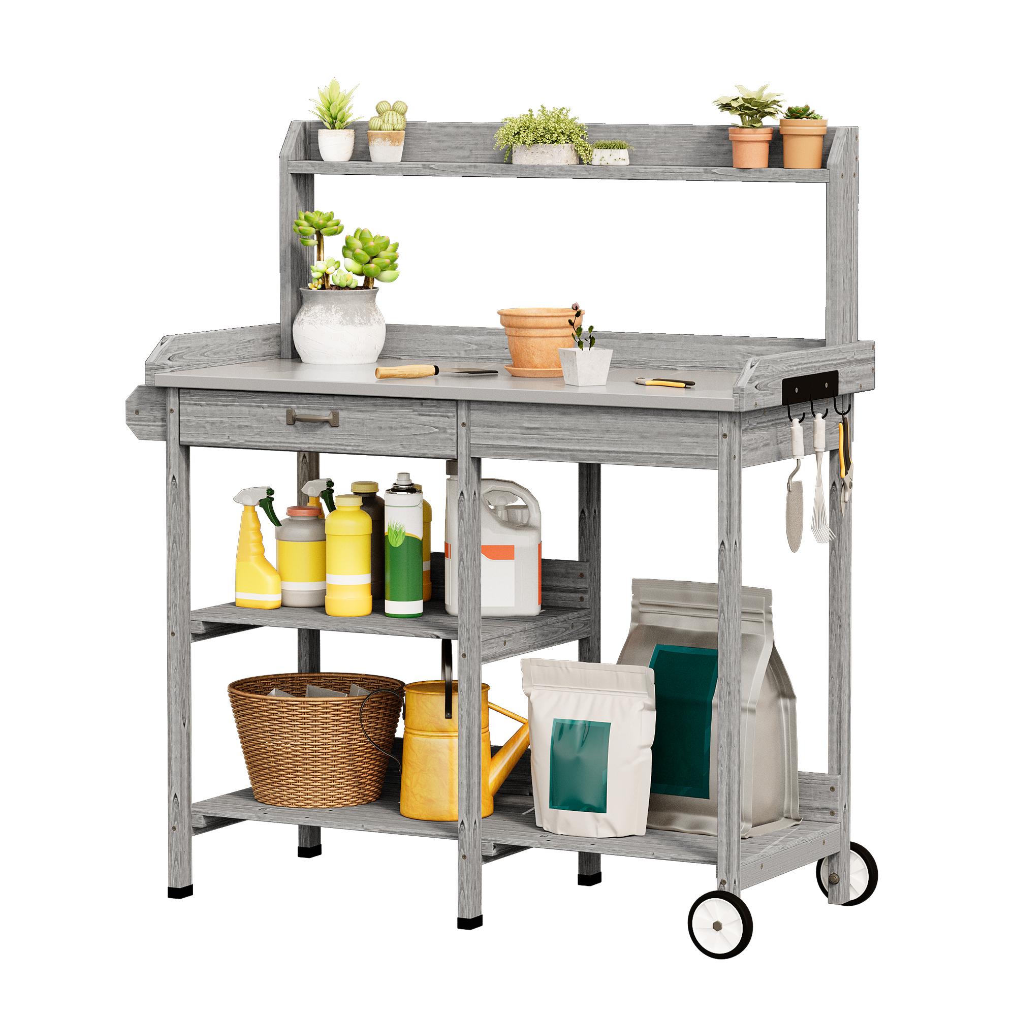 Bealife CC53 Chariot de Jardin Multifonctionnel avec Zone de Plantation, Table de Plantation en Bois avec Roues et Tiroir