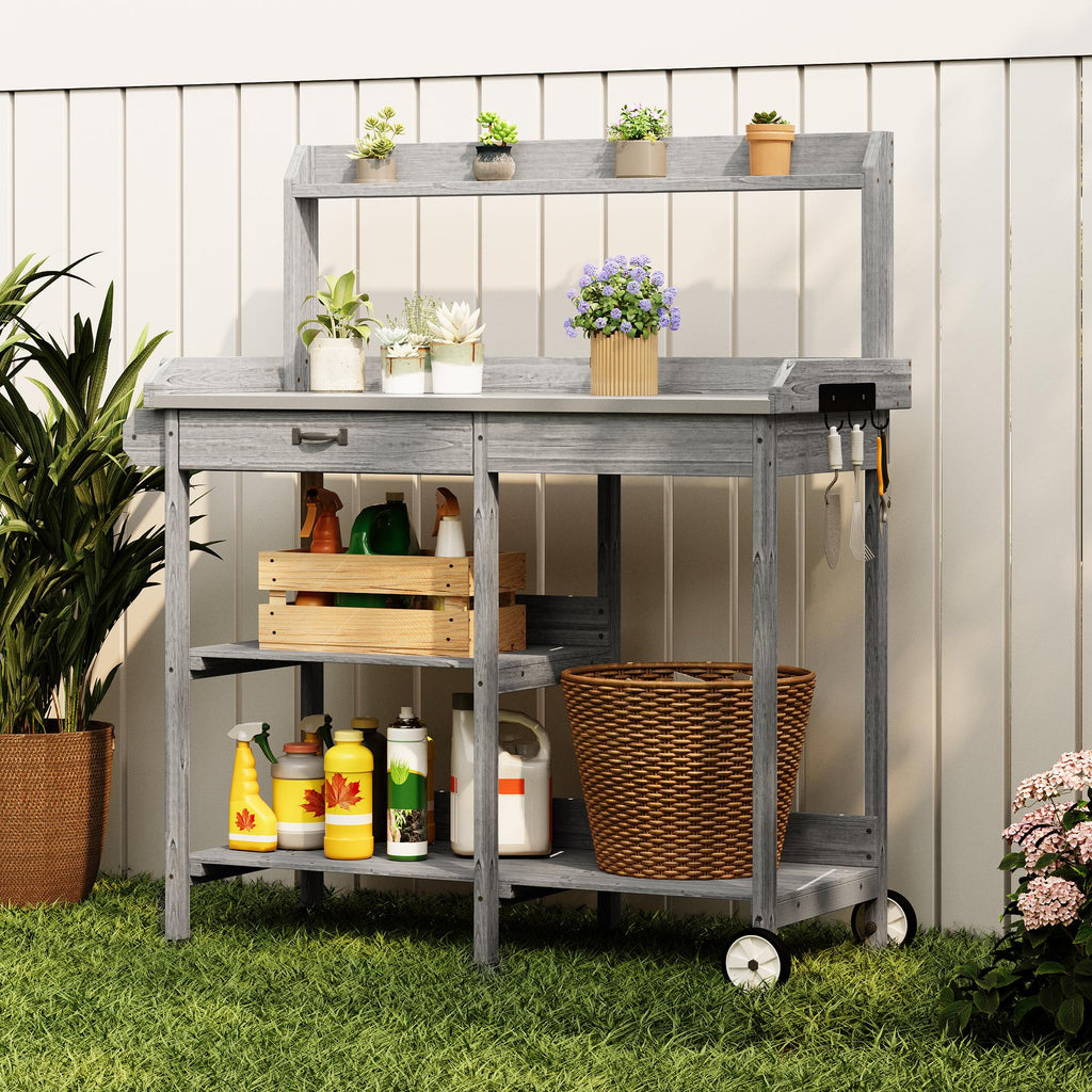 Bealife CC53 Chariot de Jardin Multifonctionnel avec Zone de Plantation, Table de Plantation en Bois avec Roues et Tiroir