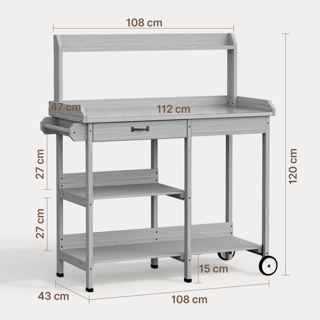 Bealife CC53 Chariot de Jardin Multifonctionnel avec Zone de Plantation, Table de Plantation en Bois avec Roues et Tiroir