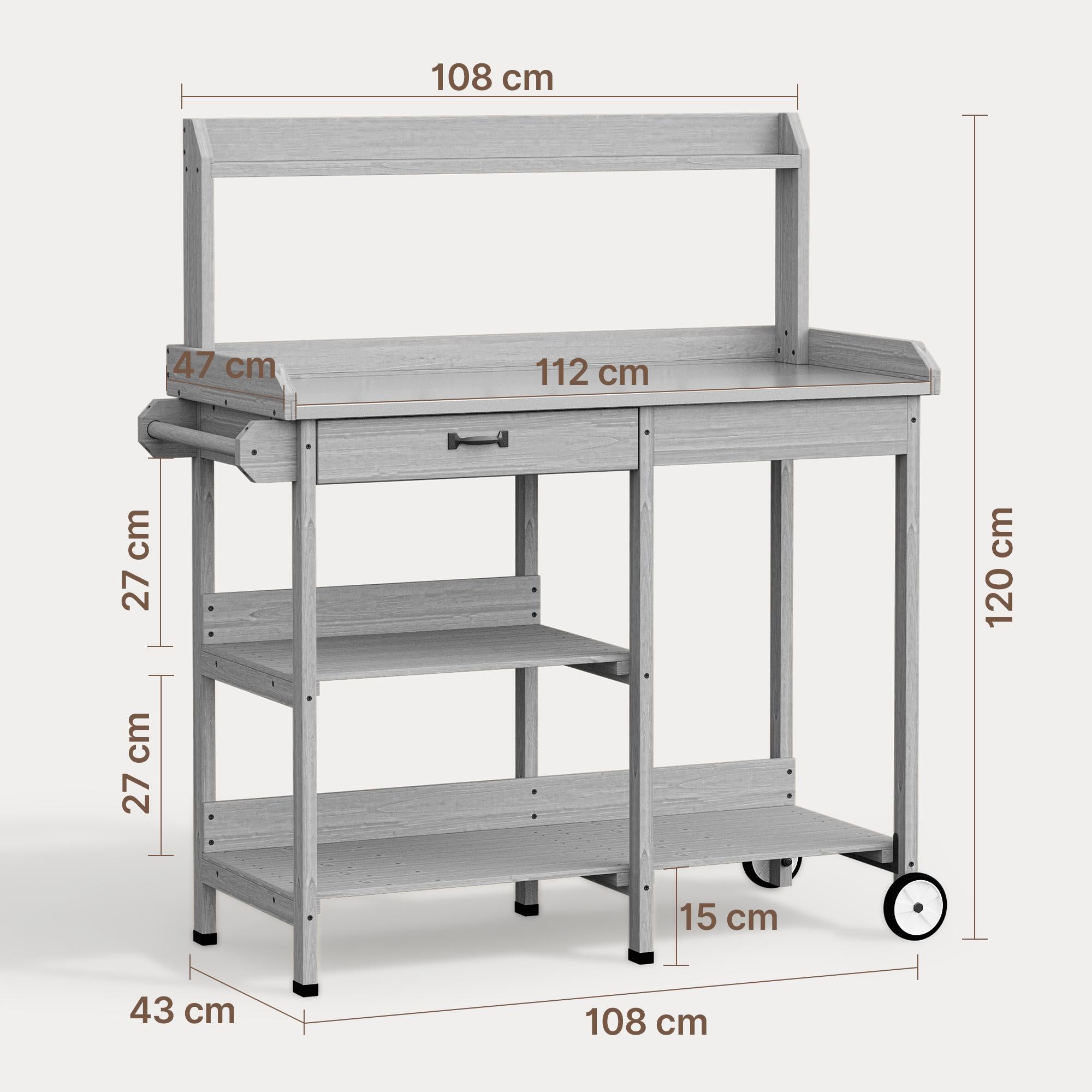 Bealife CC53 Chariot de Jardin Multifonctionnel avec Zone de Plantation, Table de Plantation en Bois avec Roues et Tiroir