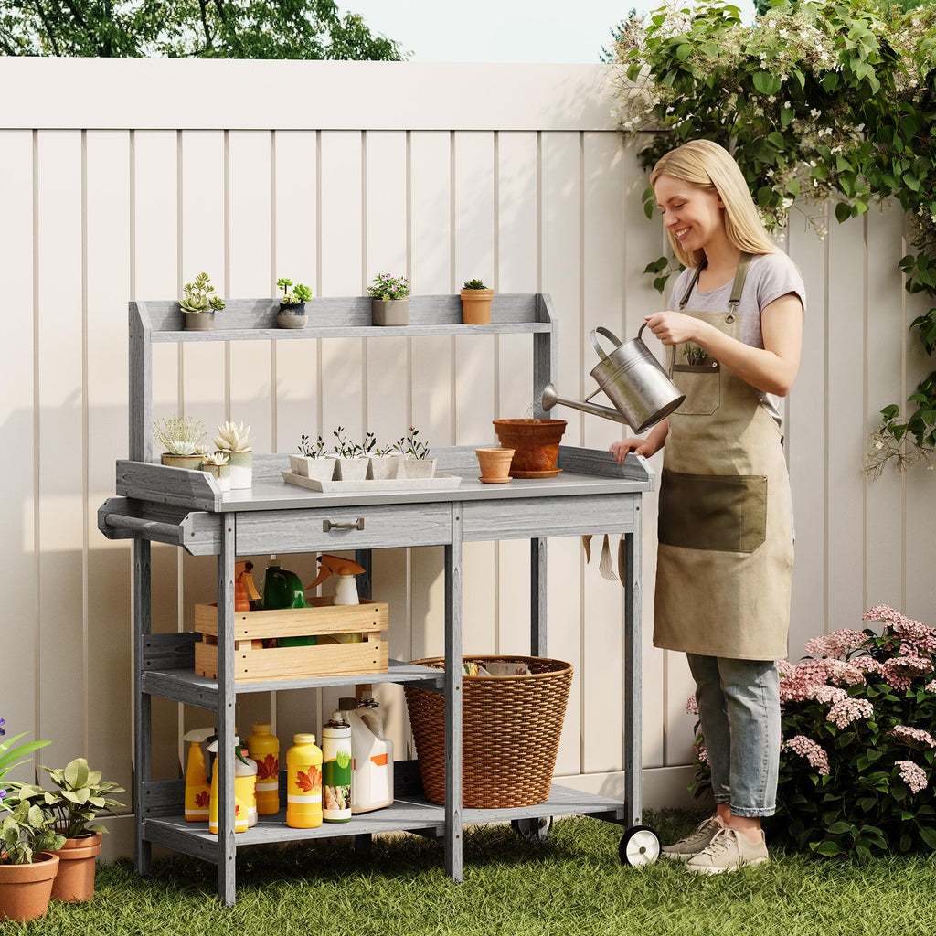 Bealife CC53 Chariot de Jardin Multifonctionnel avec Zone de Plantation, Table de Plantation en Bois avec Roues et Tiroir