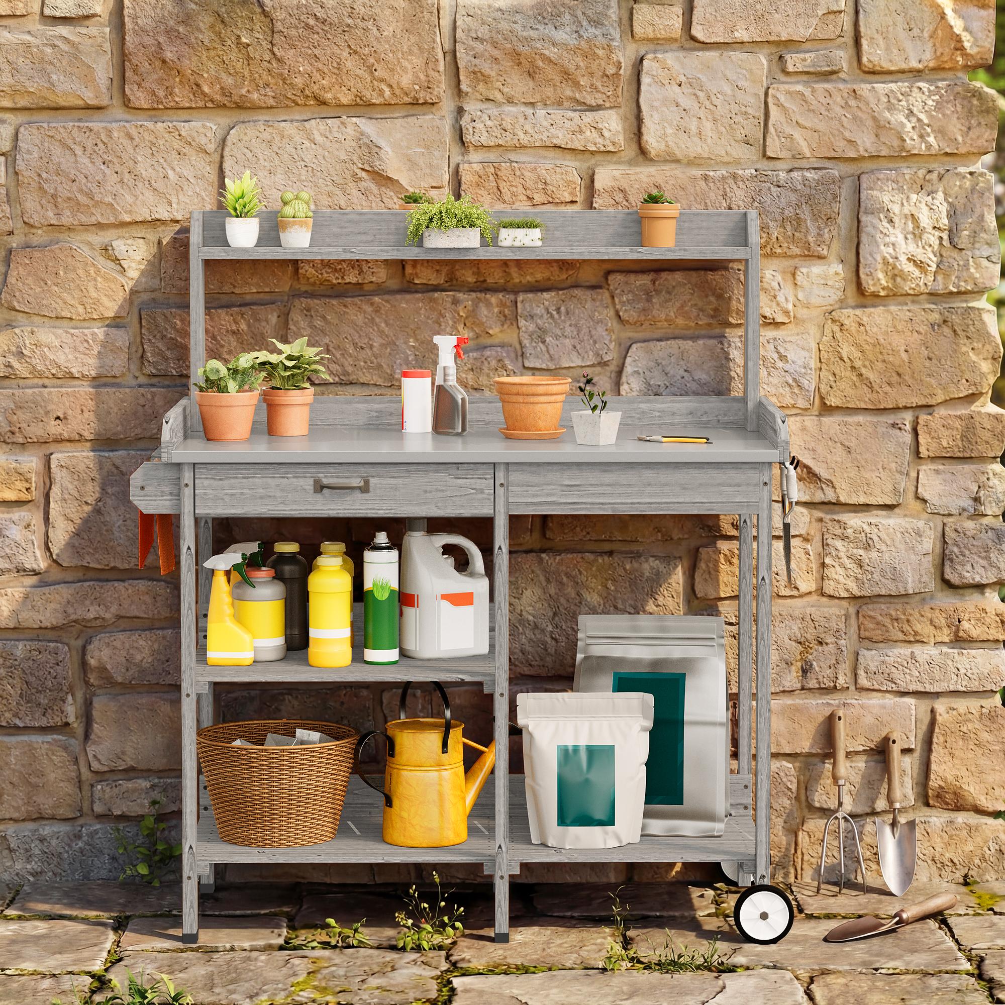 Bealife CC53 Chariot de Jardin Multifonctionnel avec Zone de Plantation, Table de Plantation en Bois avec Roues et Tiroir