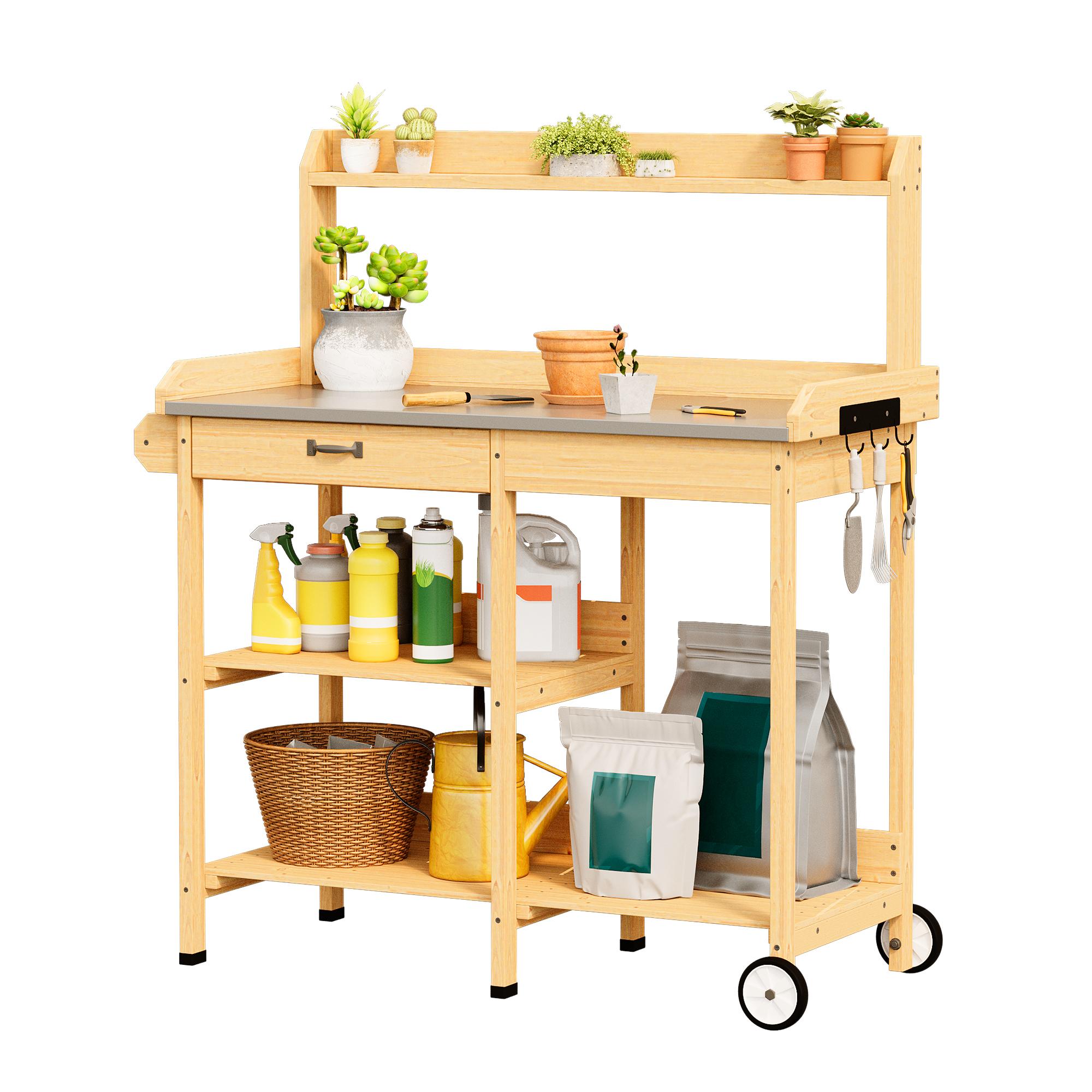 Bealife CC53 Chariot de Jardin Multifonctionnel avec Zone de Plantation, Table de Plantation en Bois avec Roues et Tiroir