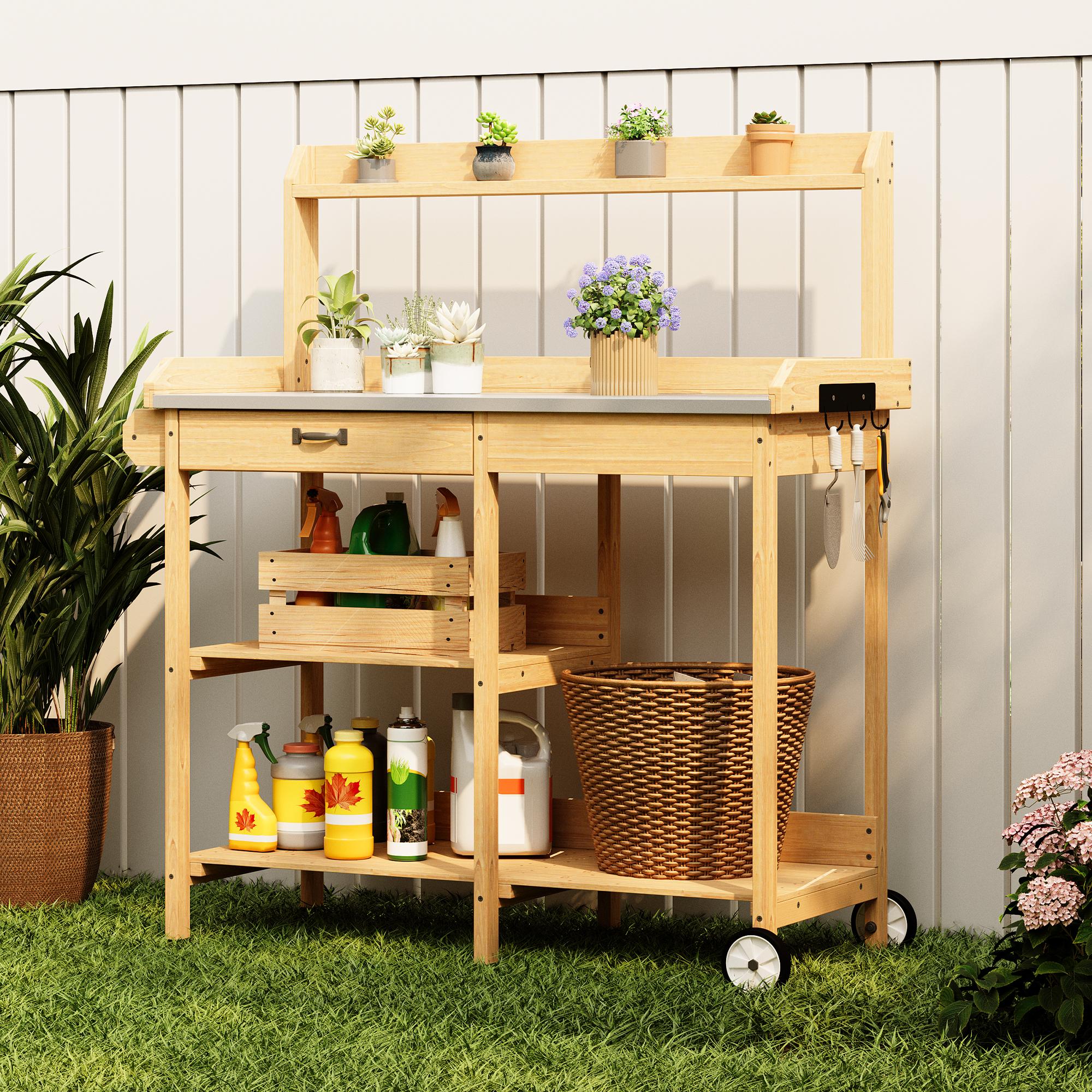 Bealife CC53 Chariot de Jardin Multifonctionnel avec Zone de Plantation, Table de Plantation en Bois avec Roues et Tiroir