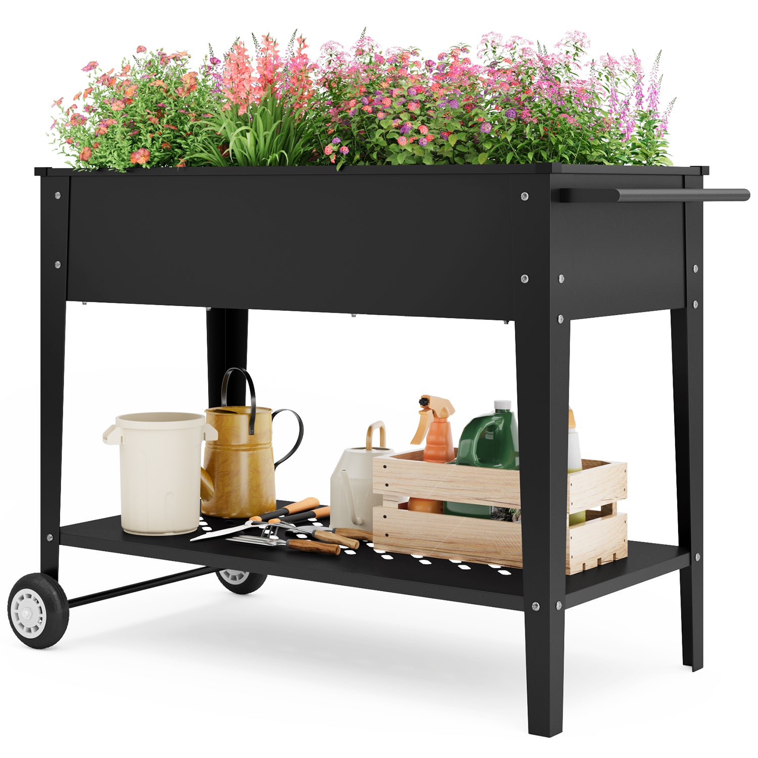Bealife Chariot de jardin CC25 avec surface de plantation, potager surélevé mobile avec roues et étagère de rangement – 104 x 41 x 80 cm, résistant aux intempéries pour terrasse, balcon et jardin