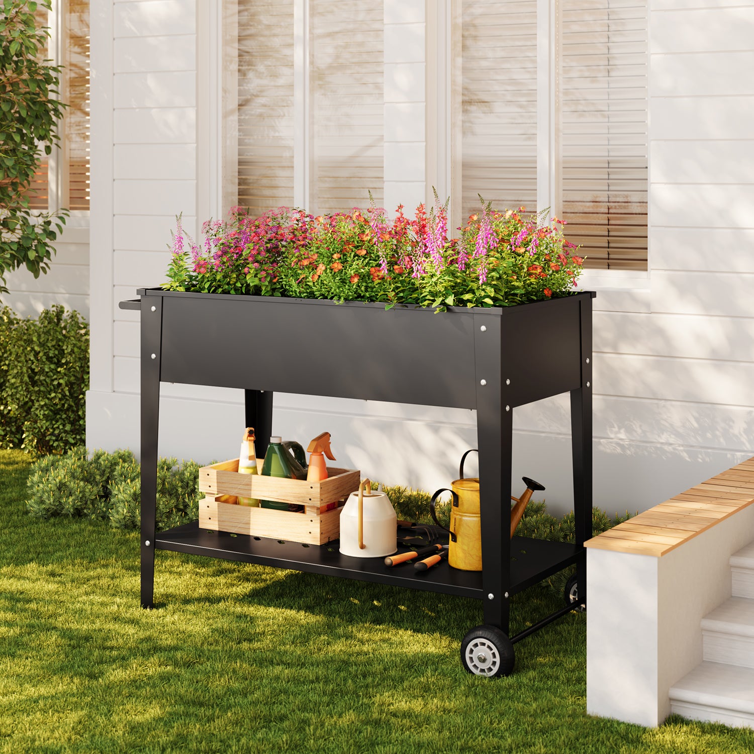 Bealife Chariot de jardin CC25 avec surface de plantation, potager surélevé mobile avec roues et étagère de rangement – 104 x 41 x 80 cm, résistant aux intempéries pour terrasse, balcon et jardin