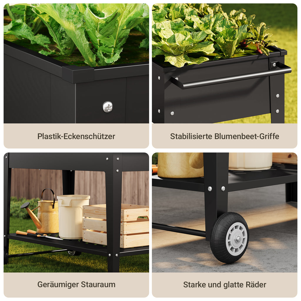 Bealife Chariot de jardin CC25 avec surface de plantation, potager surélevé mobile avec roues et étagère de rangement – 104 x 41 x 80 cm, résistant aux intempéries pour terrasse, balcon et jardin