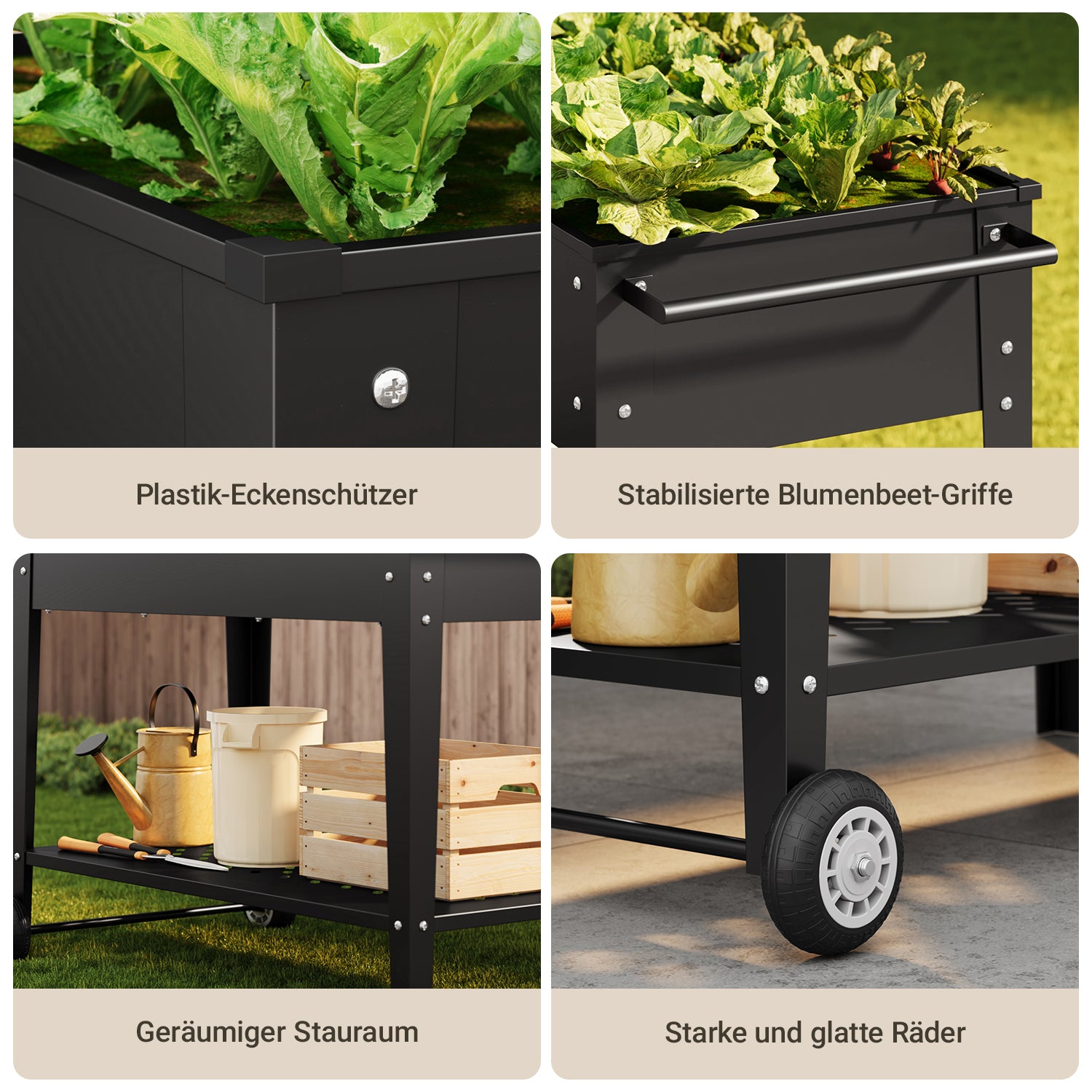 Bealife Chariot de jardin CC25 avec surface de plantation, potager surélevé mobile avec roues et étagère de rangement – 104 x 41 x 80 cm, résistant aux intempéries pour terrasse, balcon et jardin