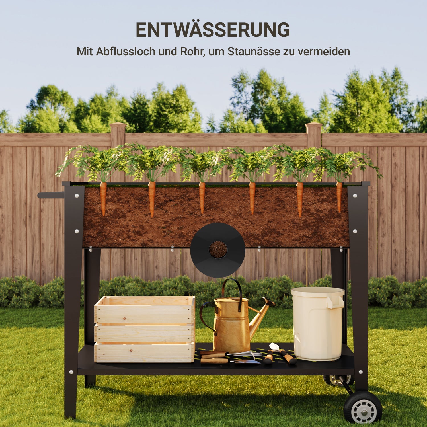 Bealife Chariot de jardin CC25 avec surface de plantation, potager surélevé mobile avec roues et étagère de rangement – 104 x 41 x 80 cm, résistant aux intempéries pour terrasse, balcon et jardin