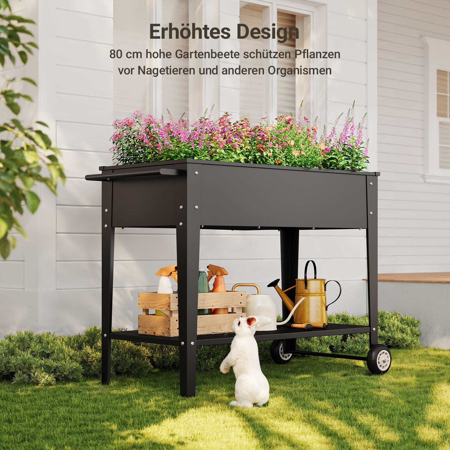 Bealife Chariot de jardin CC25 avec surface de plantation, potager surélevé mobile avec roues et étagère de rangement – 104 x 41 x 80 cm, résistant aux intempéries pour terrasse, balcon et jardin