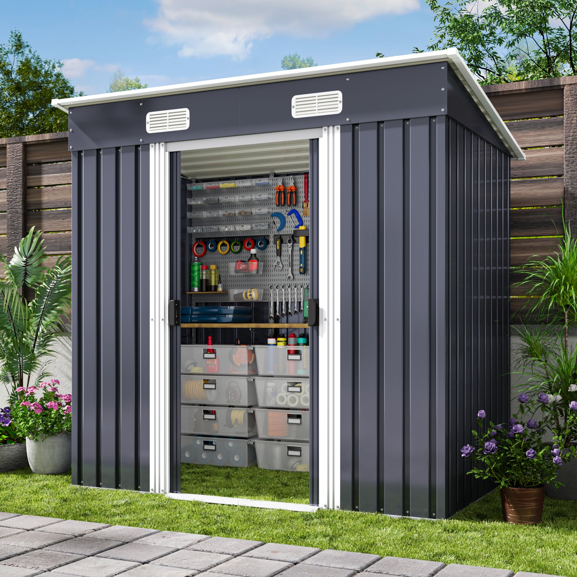 Bealife CC26 Abri de jardin en métal avec serrure – 183×109×182 cm, résistant aux intempéries et stable pour outils et équipements