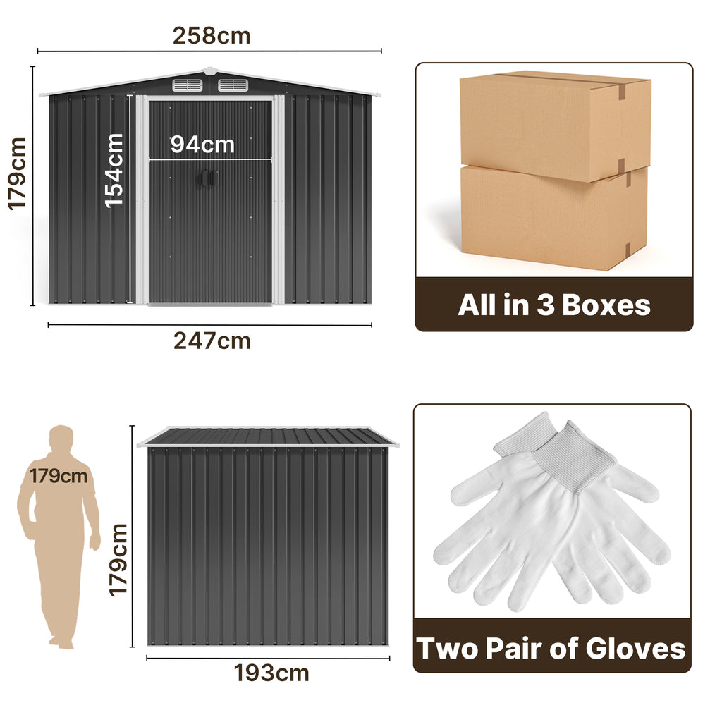 Abri de jardin en métal Bealife CC28 avec serrure – 247x193x179 cm, multifonctionnel avec grand espace intérieur, résistant aux intempéries et stable