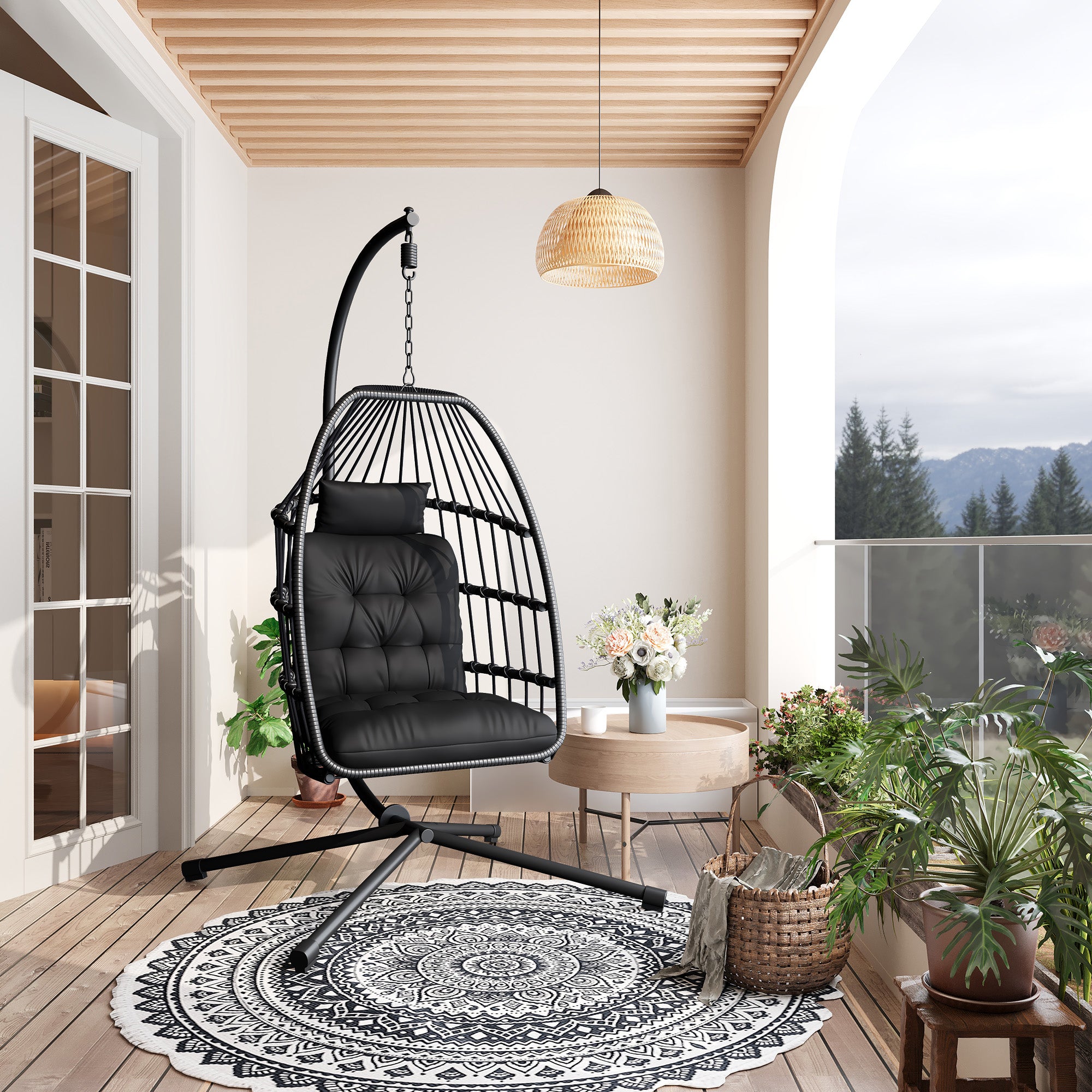 Bealife CD01 Fauteuil suspendu œuf en rotin avec structure métallique de 2 m et coussin d'assise Pour terrasse, jardin et balcon