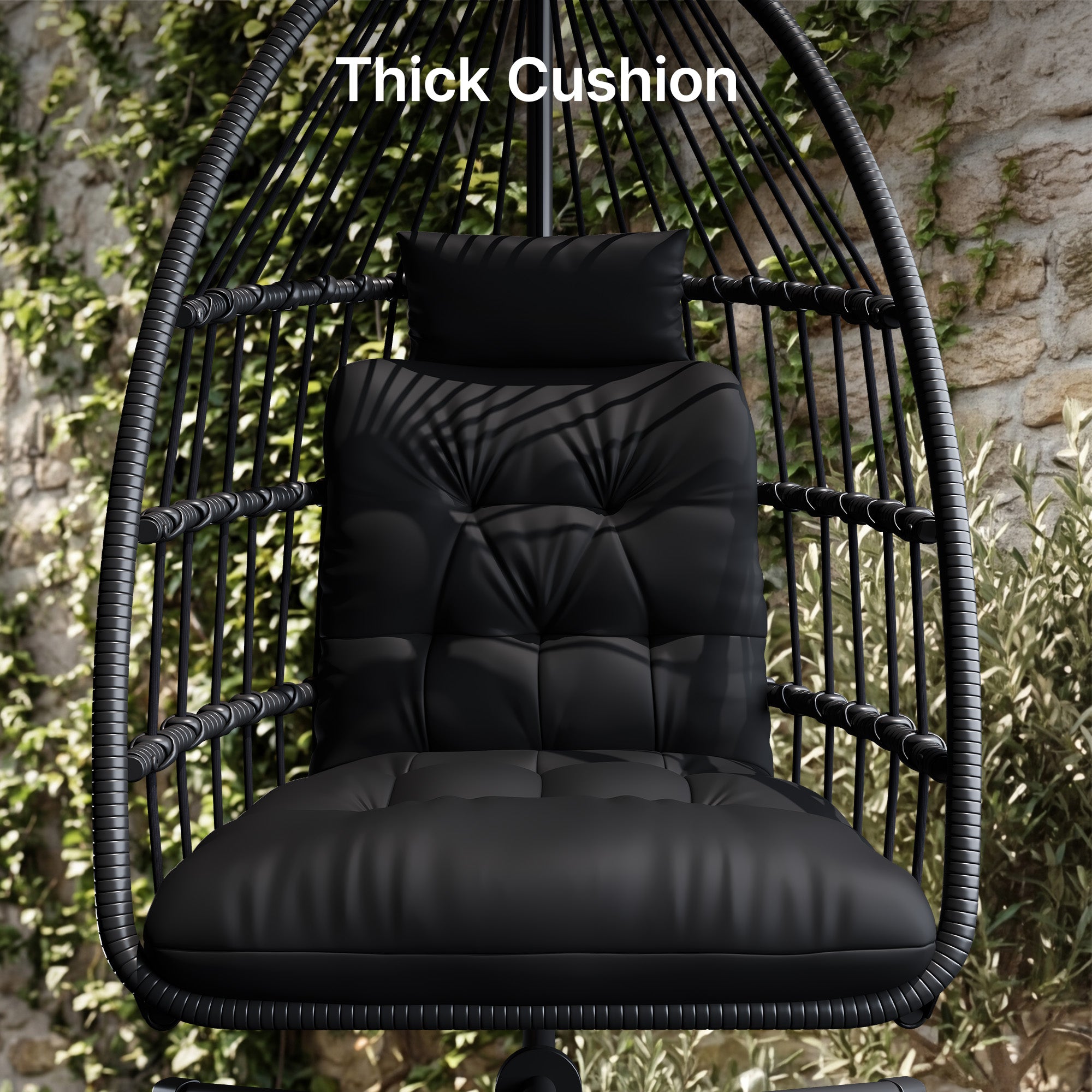 Bealife CD01 Fauteuil suspendu œuf en rotin avec structure métallique de 2 m et coussin d'assise Pour terrasse, jardin et balcon