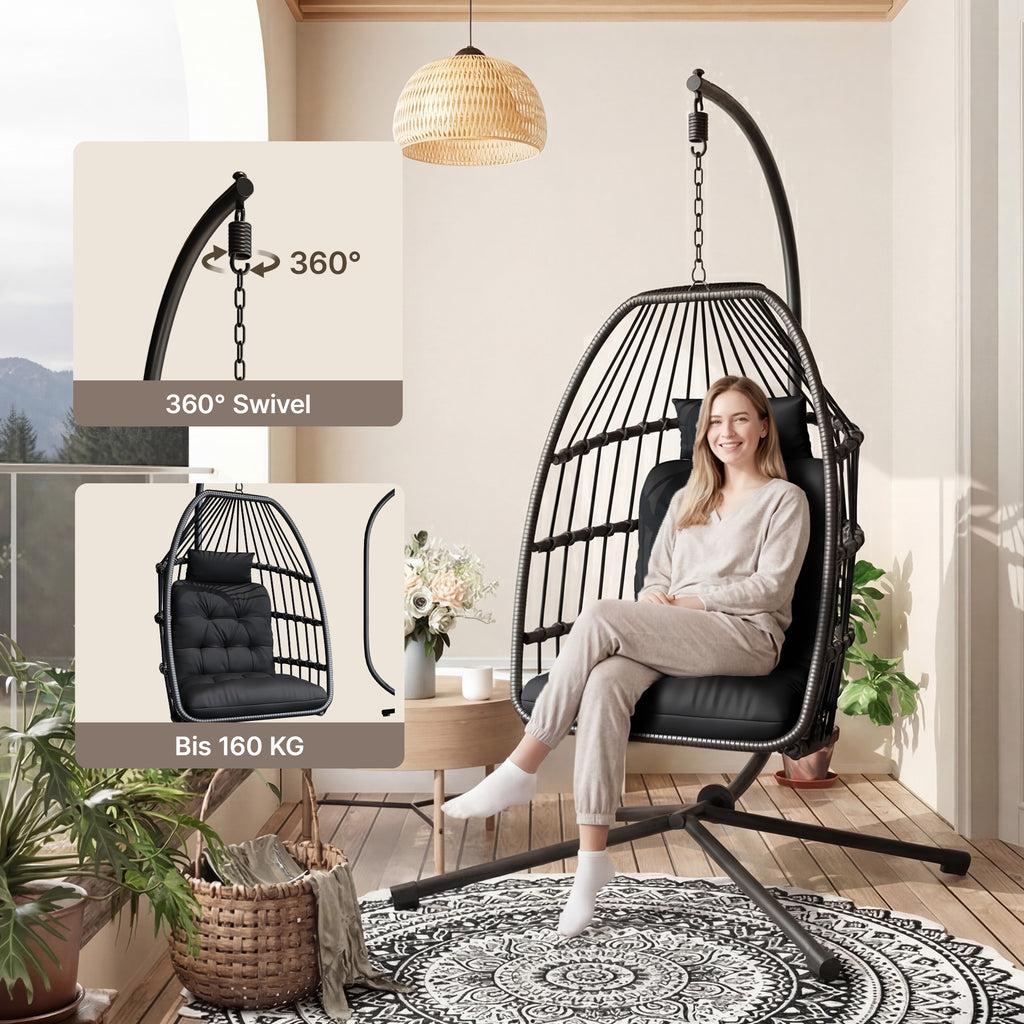 Bealife CD01 Fauteuil suspendu œuf en rotin avec structure métallique de 2 m et coussin d'assise Pour terrasse, jardin et balcon