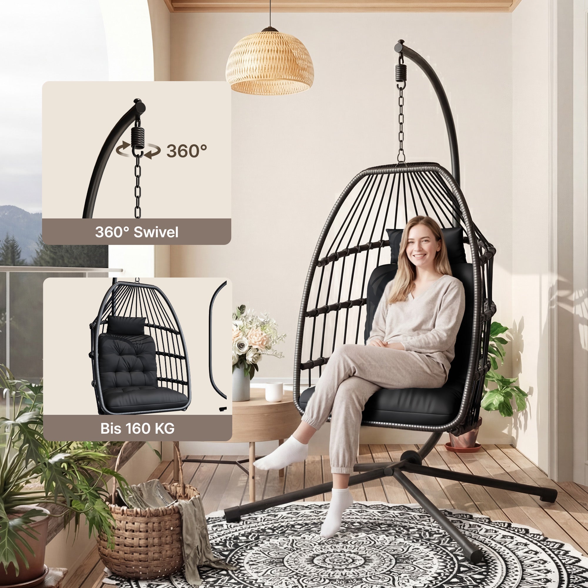 Bealife CD01 Fauteuil suspendu œuf en rotin avec structure métallique de 2 m et coussin d'assise Pour terrasse, jardin et balcon