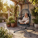 Bealife CD01 Fauteuil suspendu œuf en rotin avec structure métallique de 2 m et coussin d'assise Pour terrasse, jardin et balcon