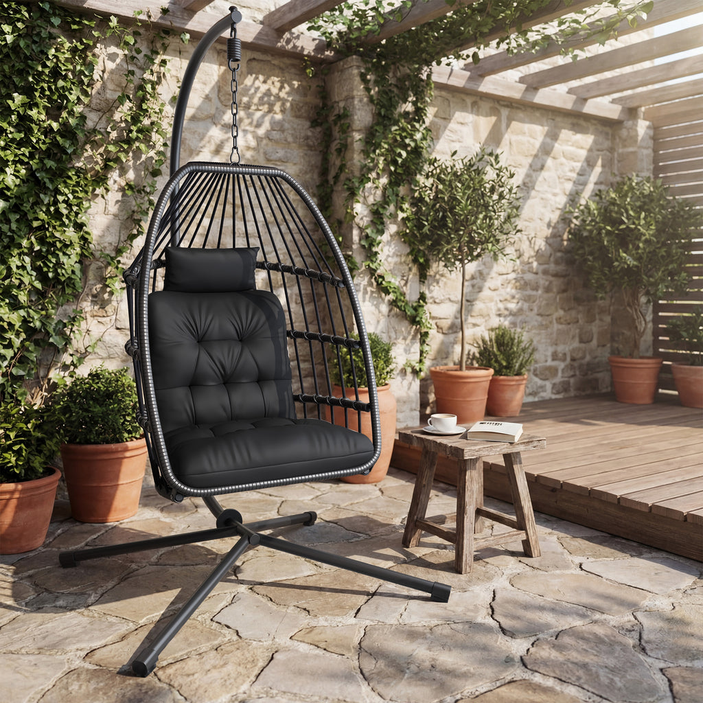 Bealife CD01 Fauteuil suspendu œuf en rotin avec structure métallique de 2 m et coussin d'assise Pour terrasse, jardin et balcon