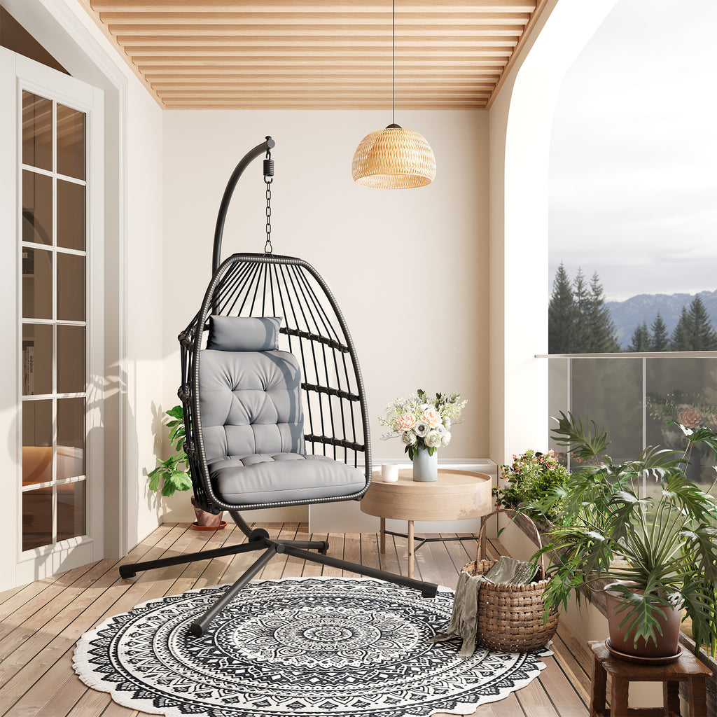 Bealife CD01 Fauteuil suspendu œuf en rotin avec structure métallique de 2 m et coussin d'assise Pour terrasse, jardin et balcon