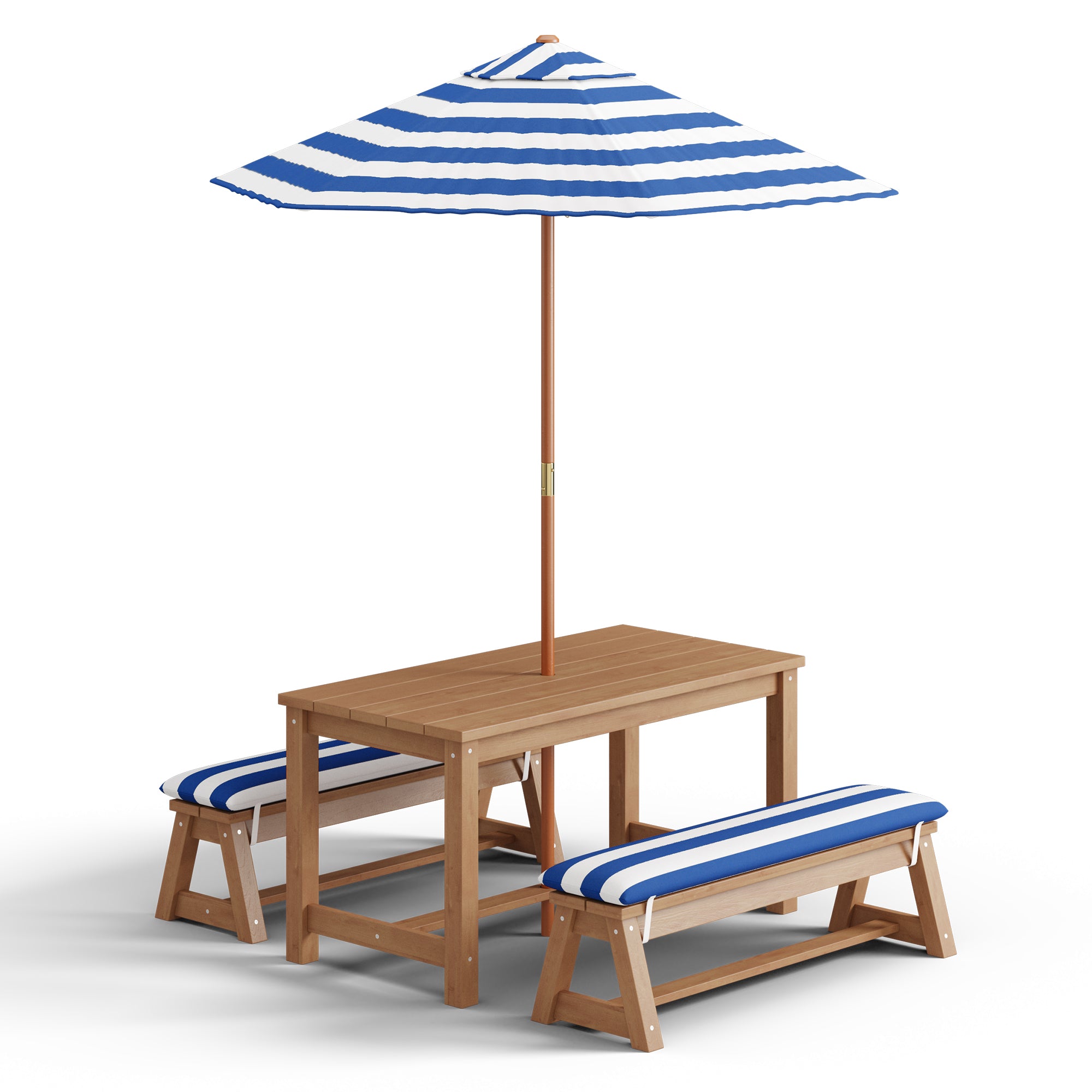 Bealife EB02 Ensemble de meubles de jardin pour enfants 4 pièces, parasol rayé et 2 bancs pour terrasses, balcons et piscines