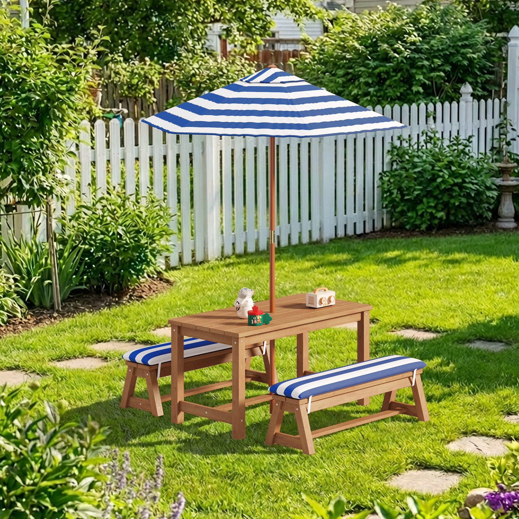 Bealife EB02 Ensemble de meubles de jardin pour enfants 4 pièces, parasol rayé et 2 bancs pour terrasses, balcons et piscines