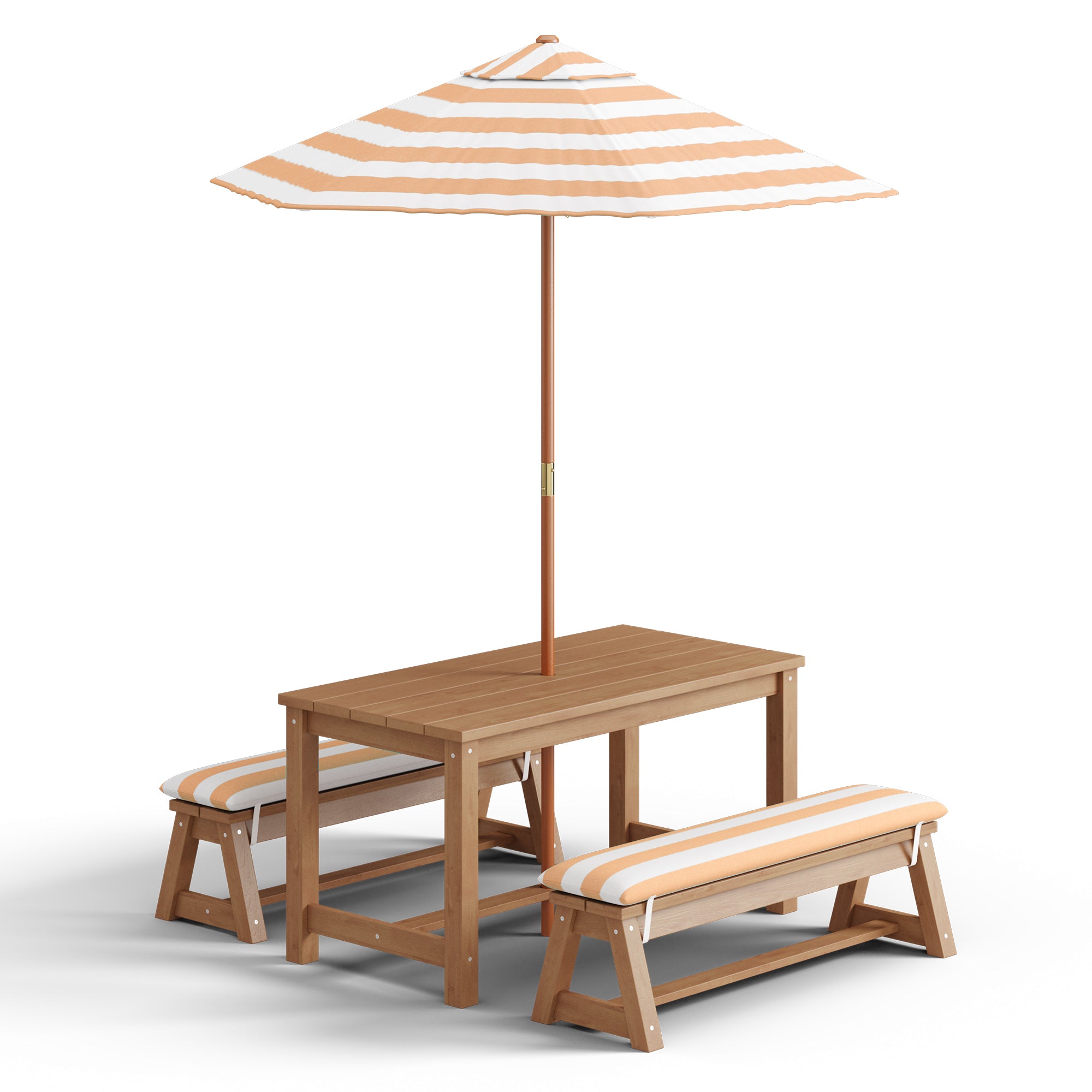 Bealife EB02 Ensemble de meubles de jardin pour enfants 4 pièces, parasol rayé et 2 bancs pour terrasses, balcons et piscines