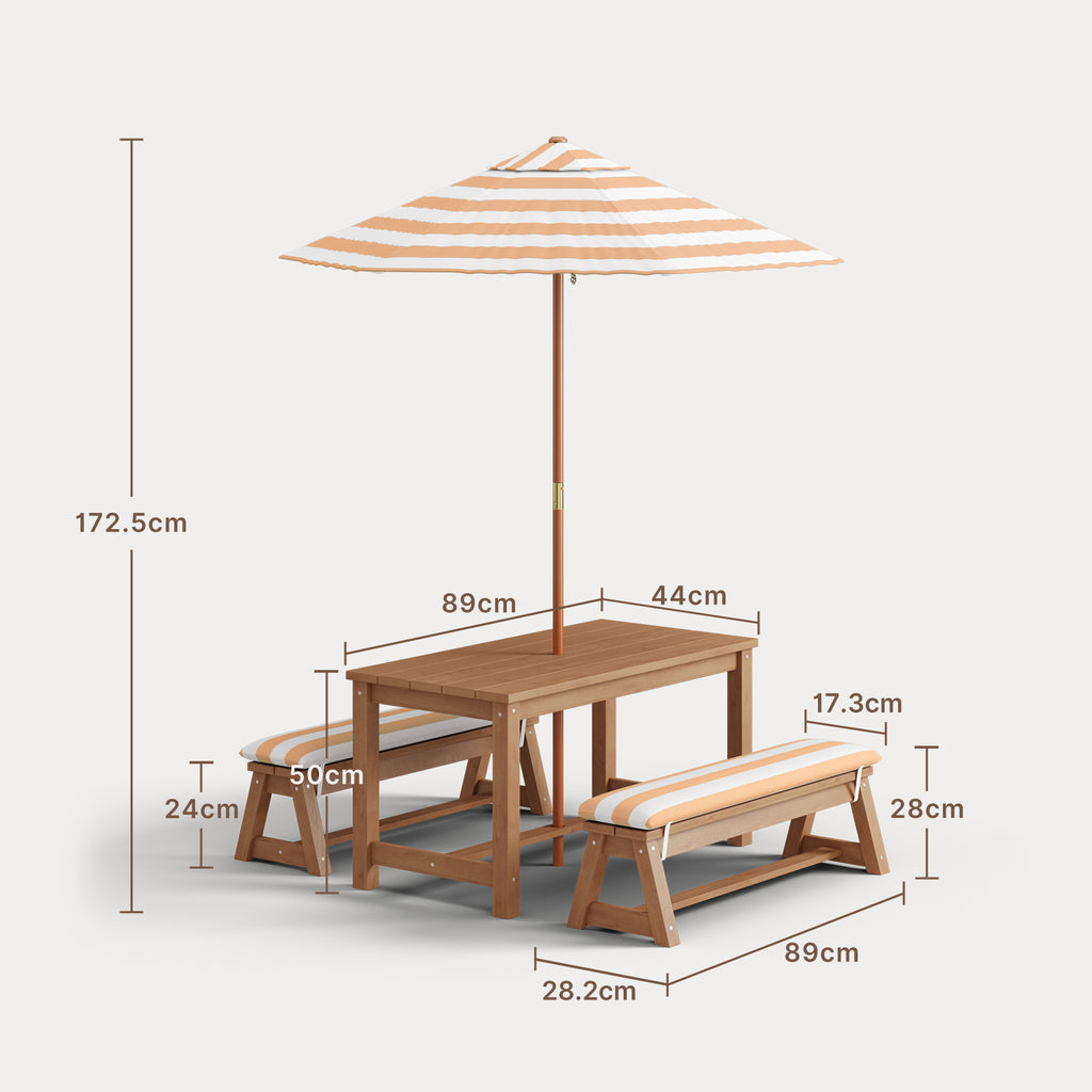 Bealife EB02 Ensemble de meubles de jardin pour enfants 4 pièces, parasol rayé et 2 bancs pour terrasses, balcons et piscines