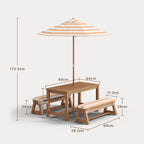 Bealife EB02 Ensemble de meubles de jardin pour enfants 4 pièces, parasol rayé et 2 bancs pour terrasses, balcons et piscines